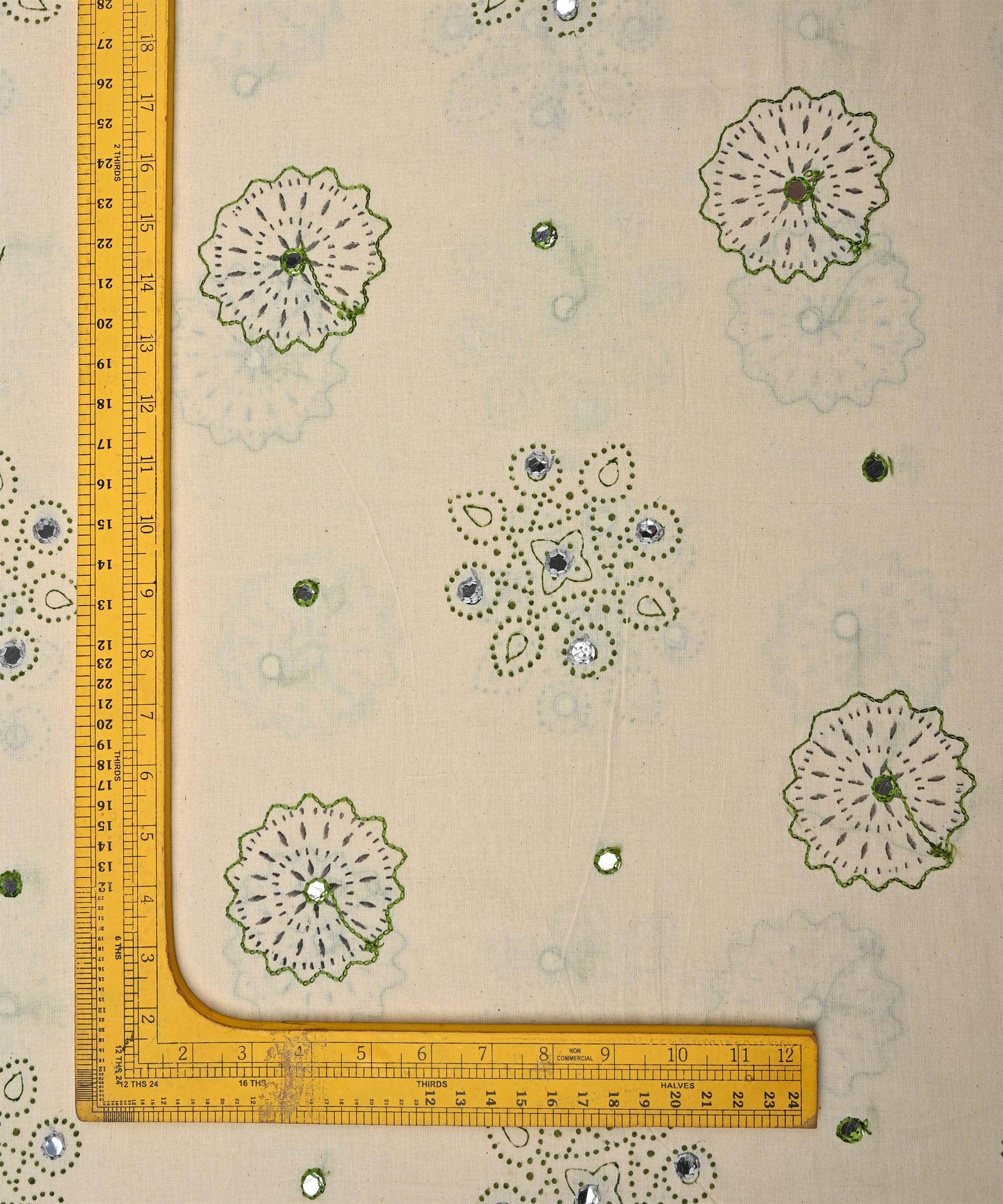 Green batik Handblock printed Mal Cotton fabric  with mirror work