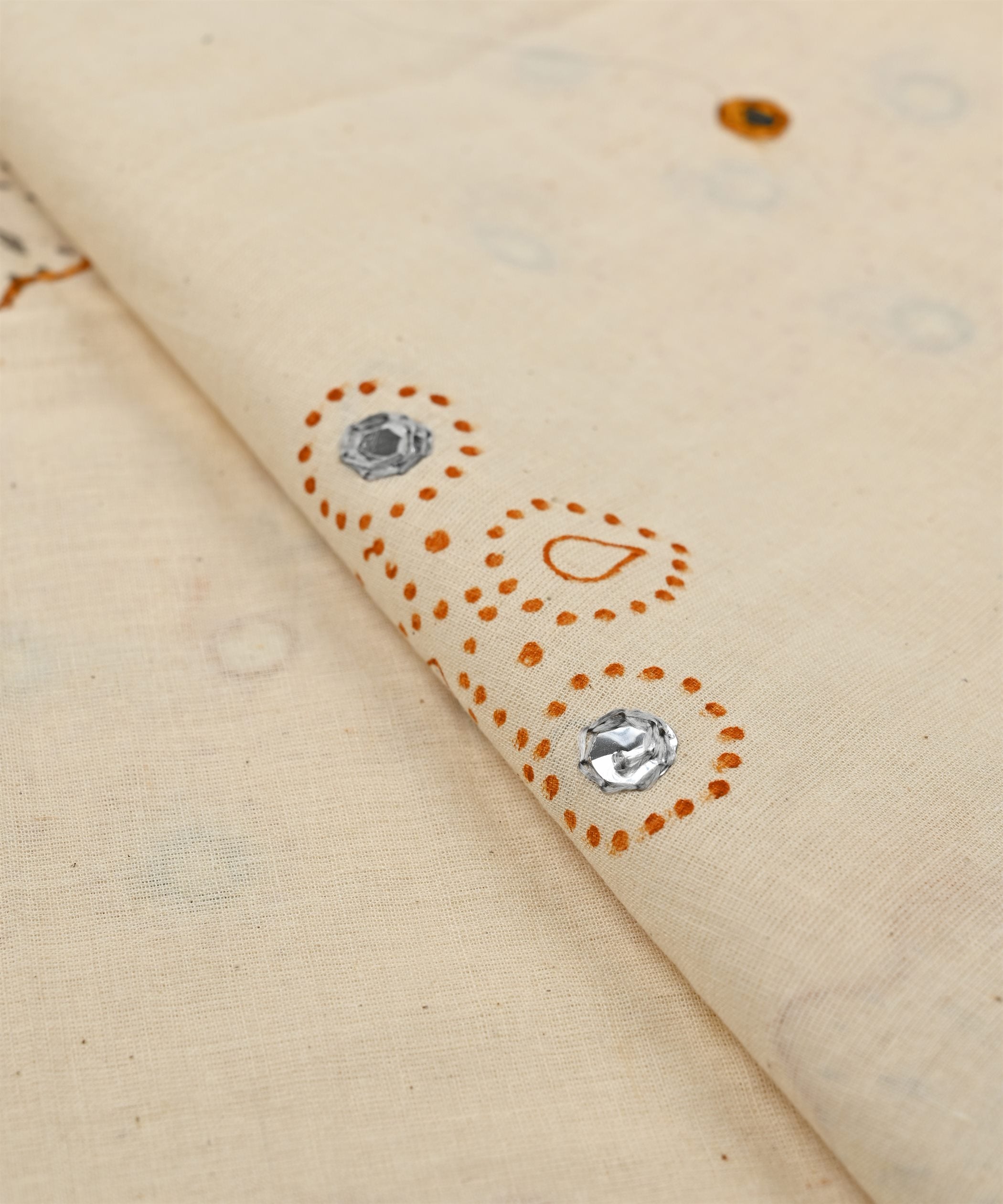 Rust batik Handblock printed Mal Cotton fabric  with mirror work