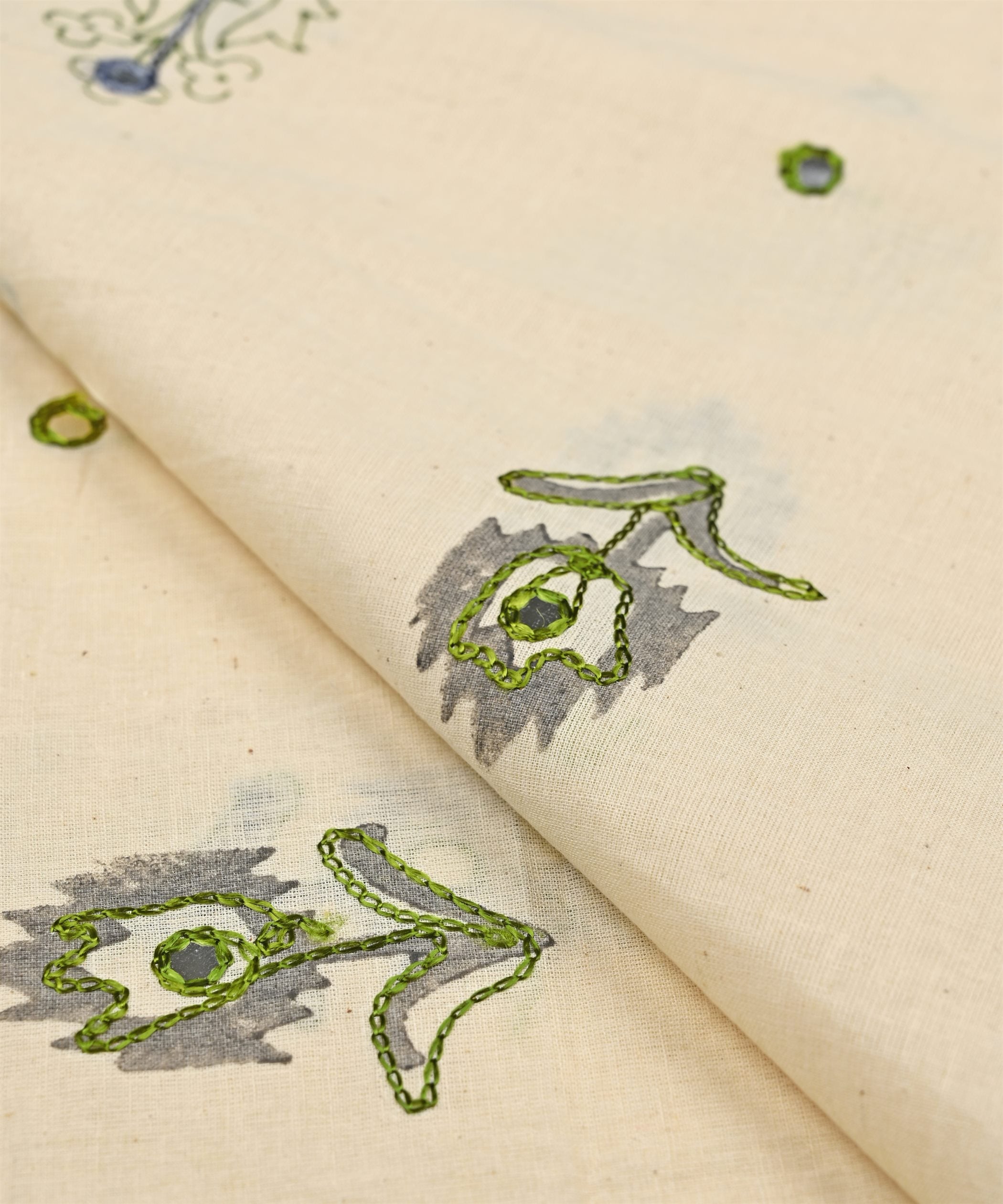Green batik Handblock printed Mal Cotton fabric with mirror work