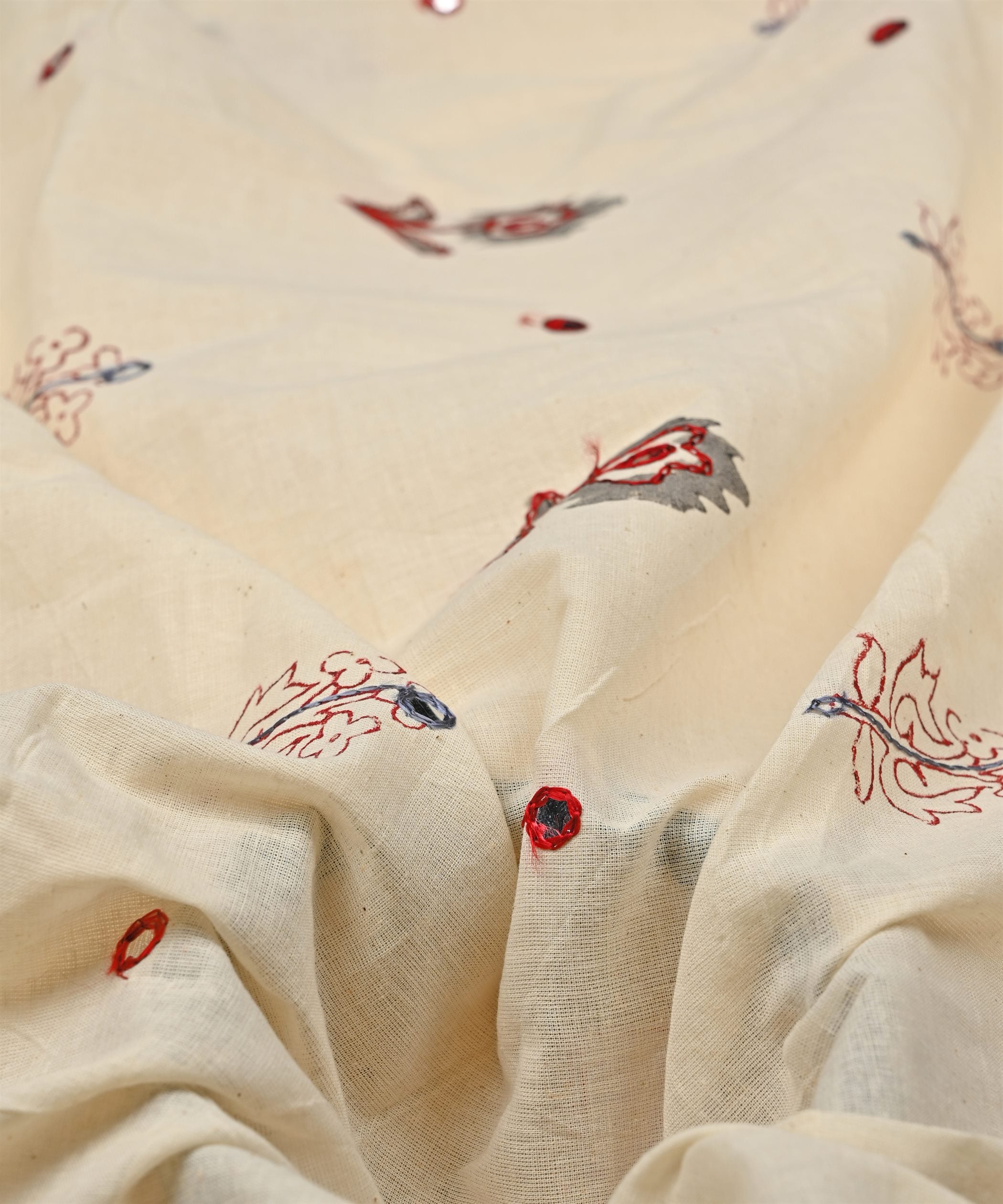 Maroon batik Handblock printed Mal Cotton fabric with gray embroidery and mirror work
