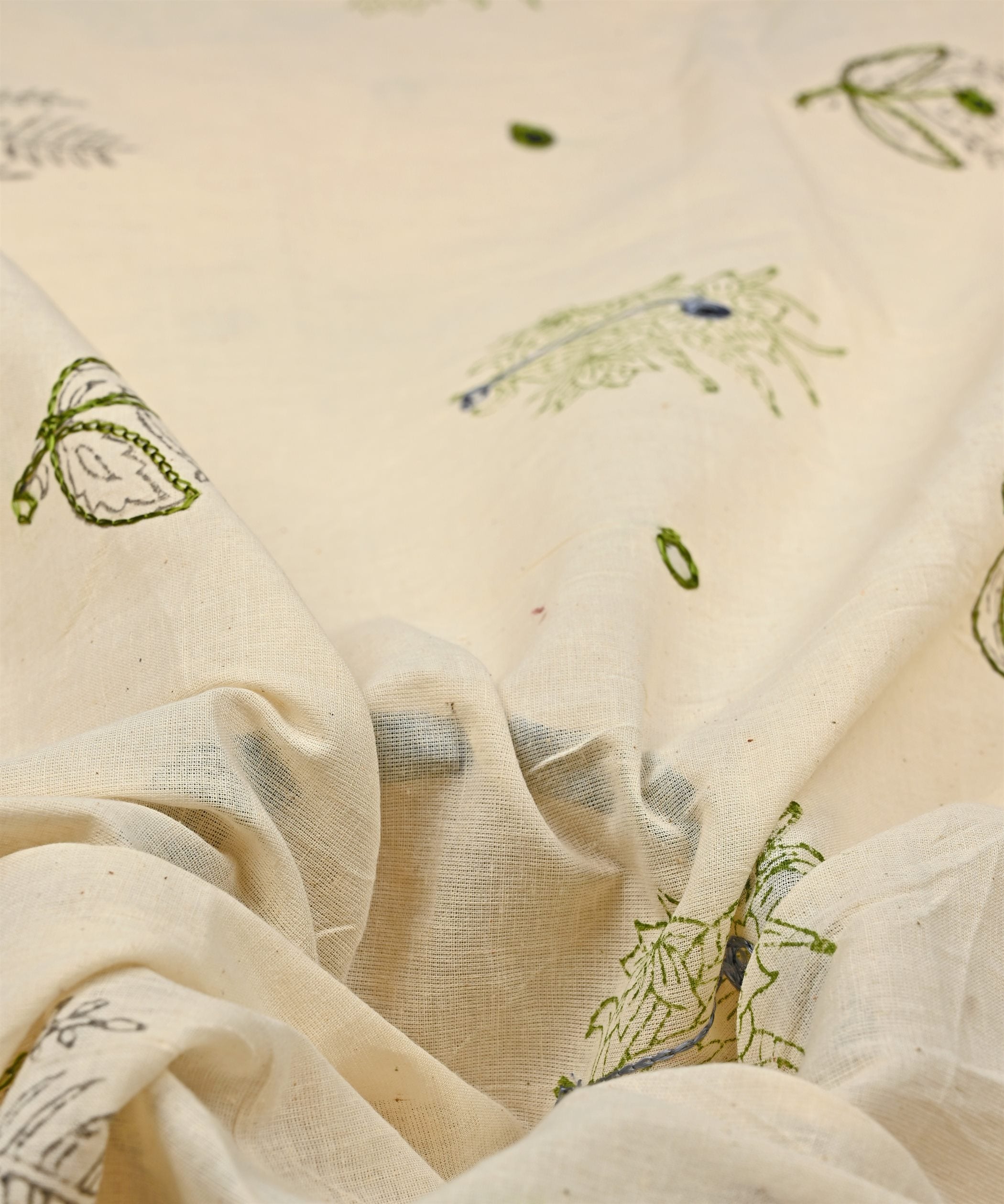 Green batik Handblock printed Mal Cotton fabric with grey embroidery and mirror work