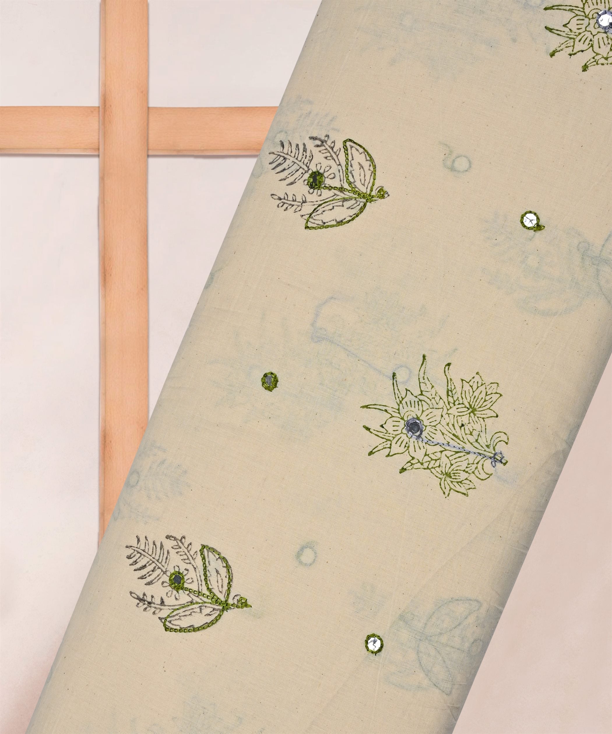 Green batik Handblock printed Mal Cotton fabric with grey embroidery and mirror work
