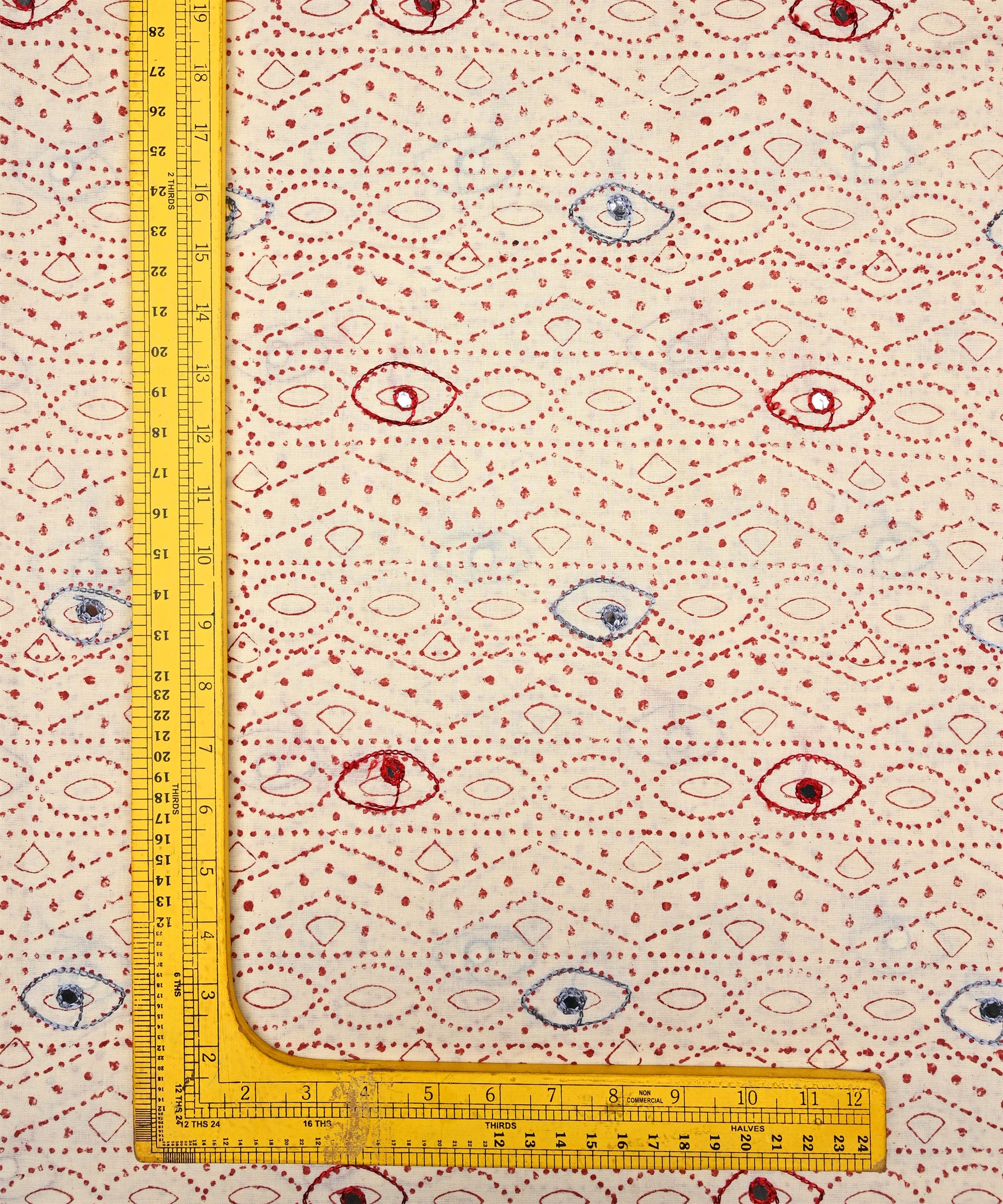 Maroon printed Mal Cotton fabric with gray eye butta embroidery and mirror work