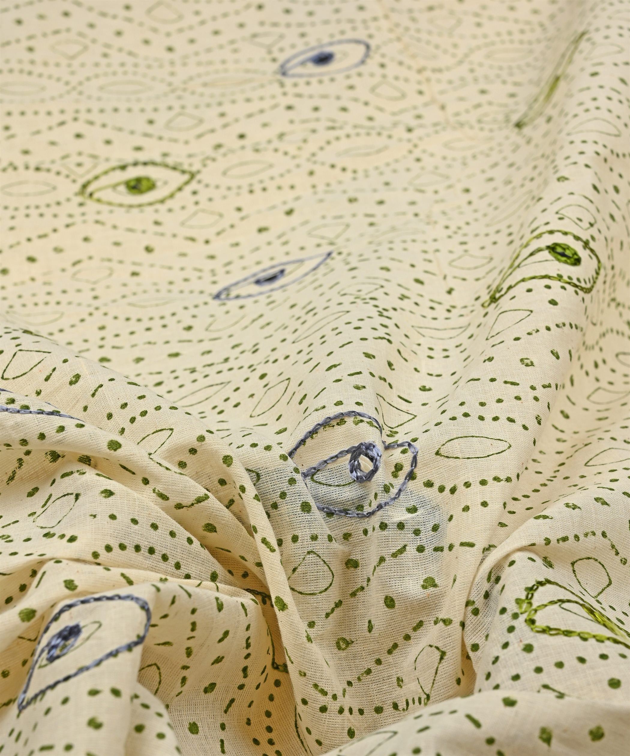Green printed Mal Cotton fabric with gray embroidery and mirror work