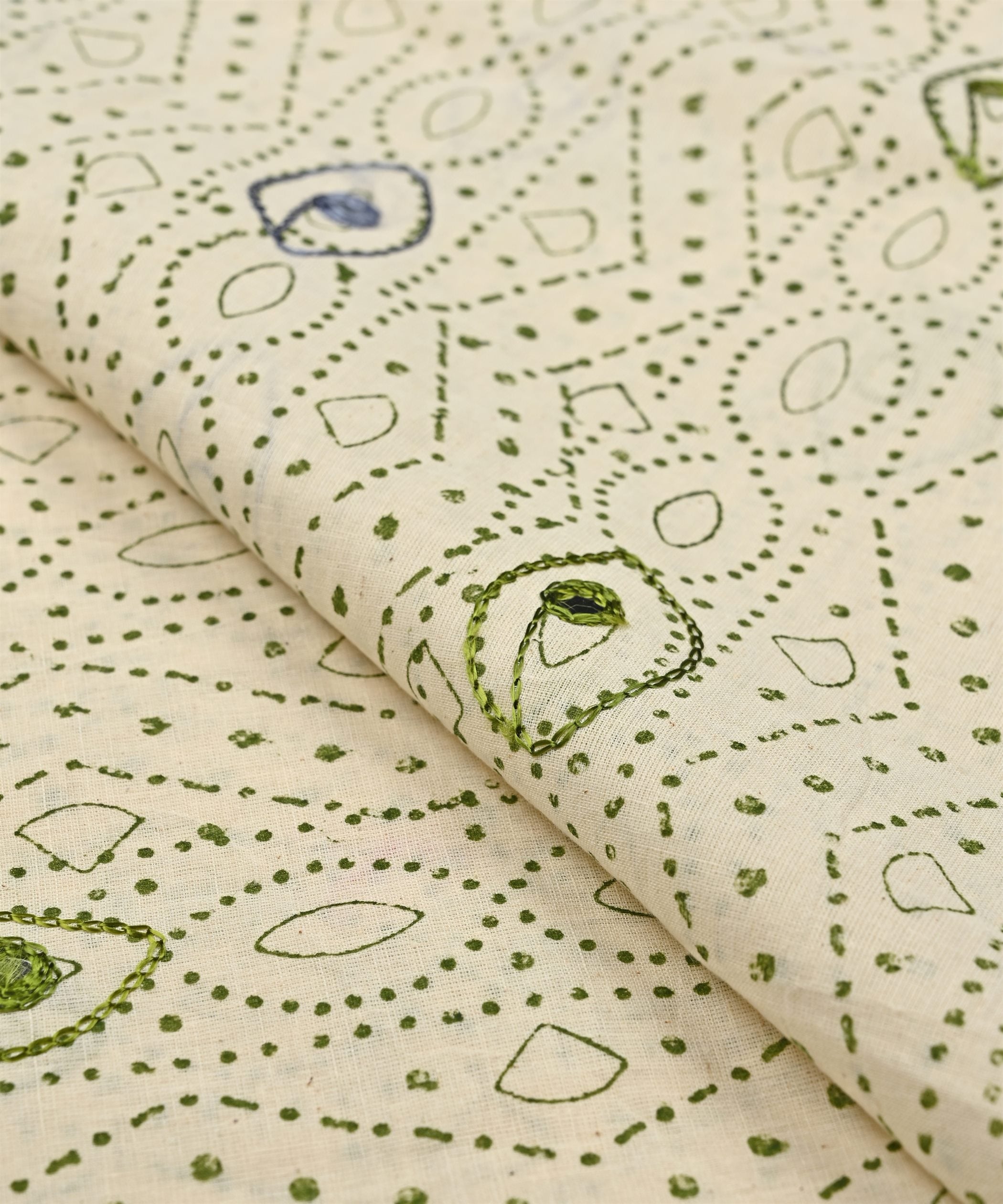 Green printed Mal Cotton fabric with gray embroidery and mirror work