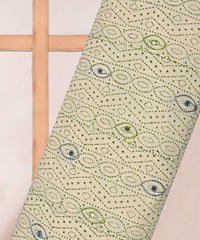 Green printed Mal Cotton fabric with gray embroidery and mirror work