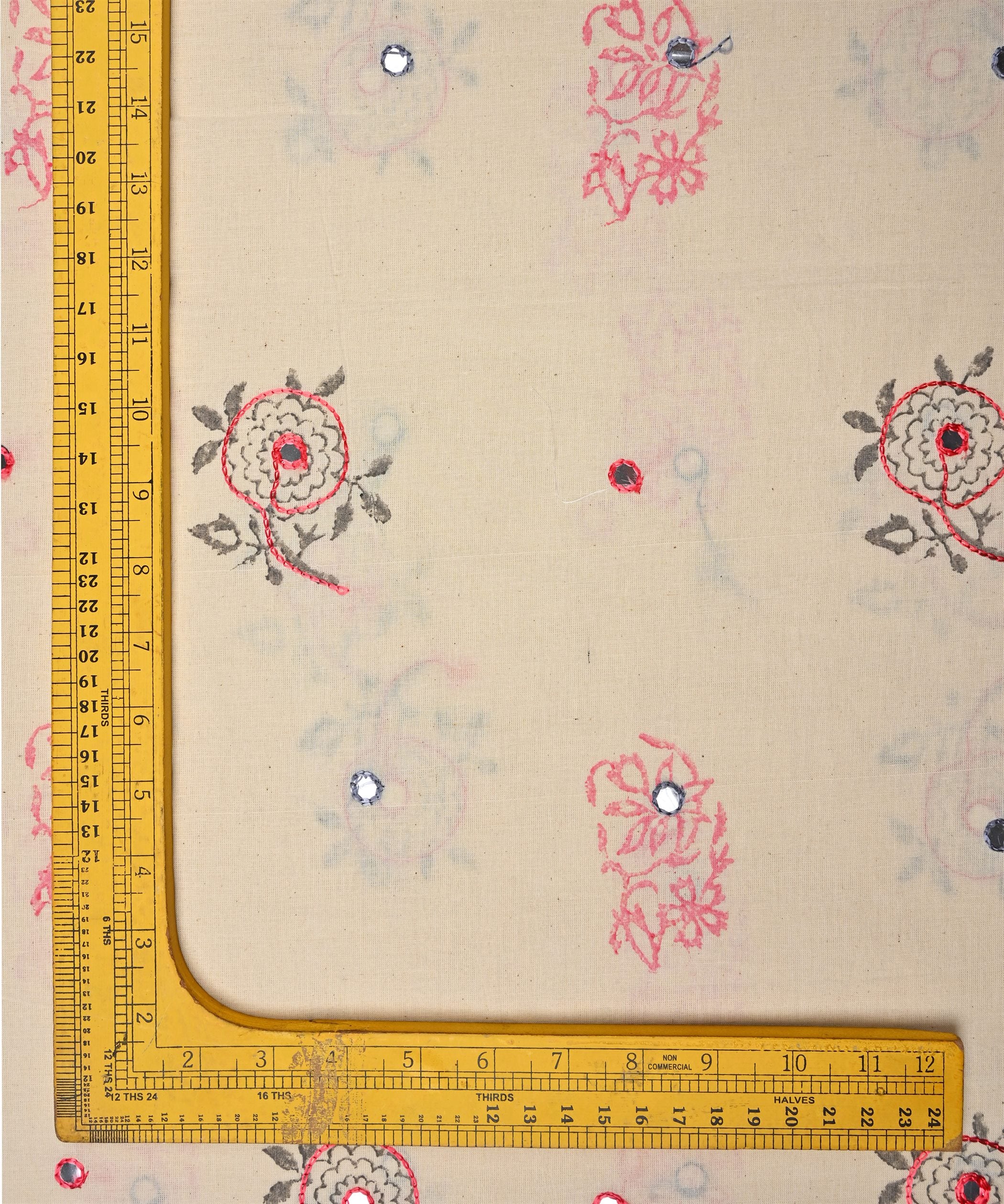 Pink batik Handblock printed Mal Cotton fabric with mirror work