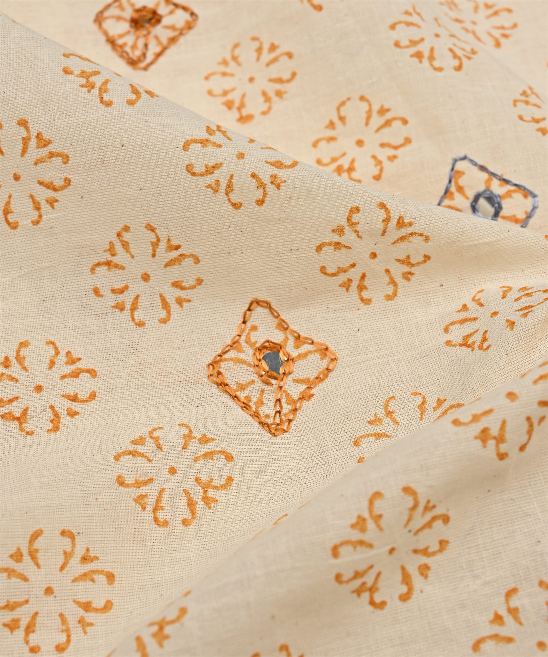 Rust batik Handblock printed Mal Cotton fabric with mirror work-2