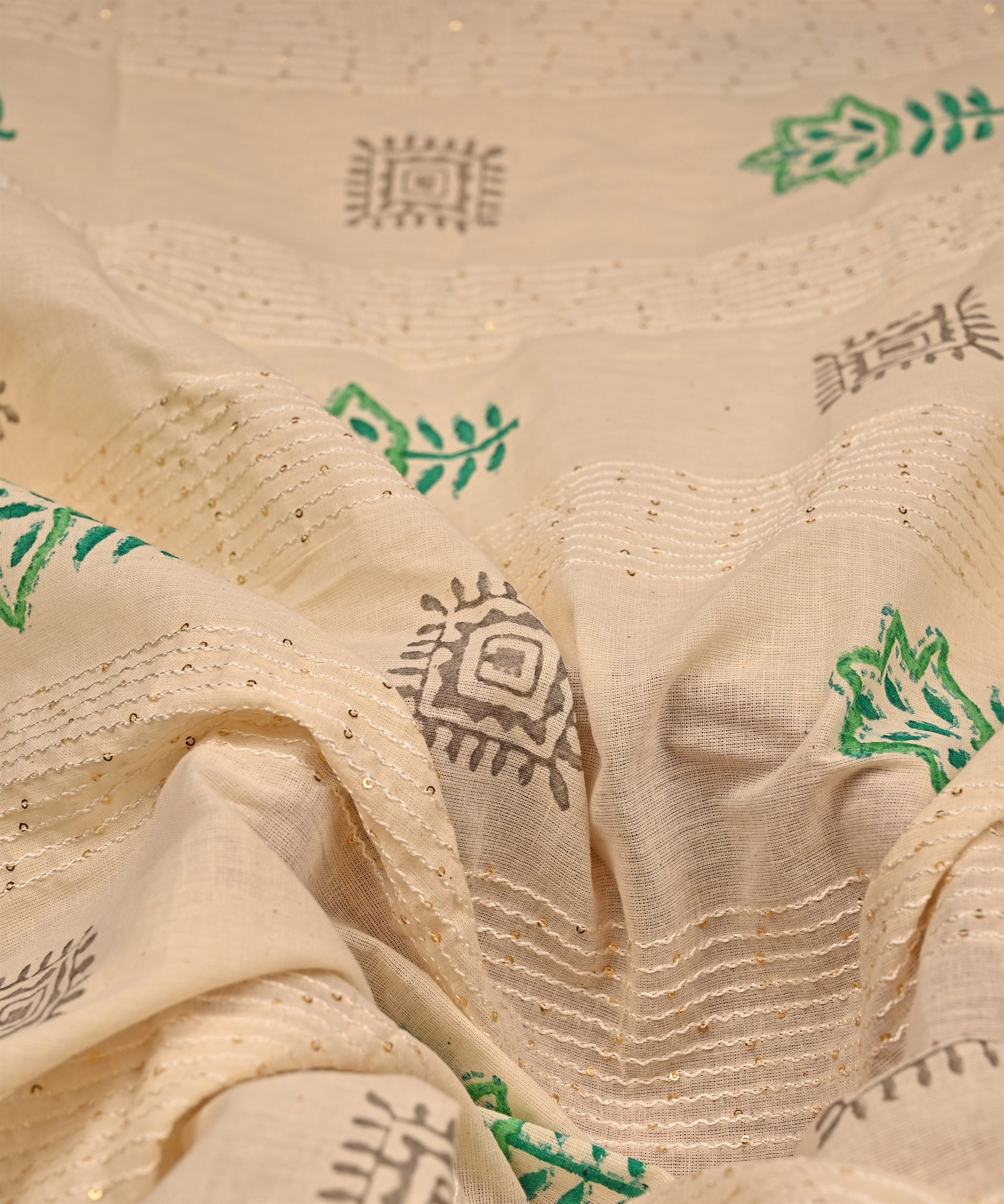 Emroidered Green batik Handblock printed Mal Cotton fabric with mirror work