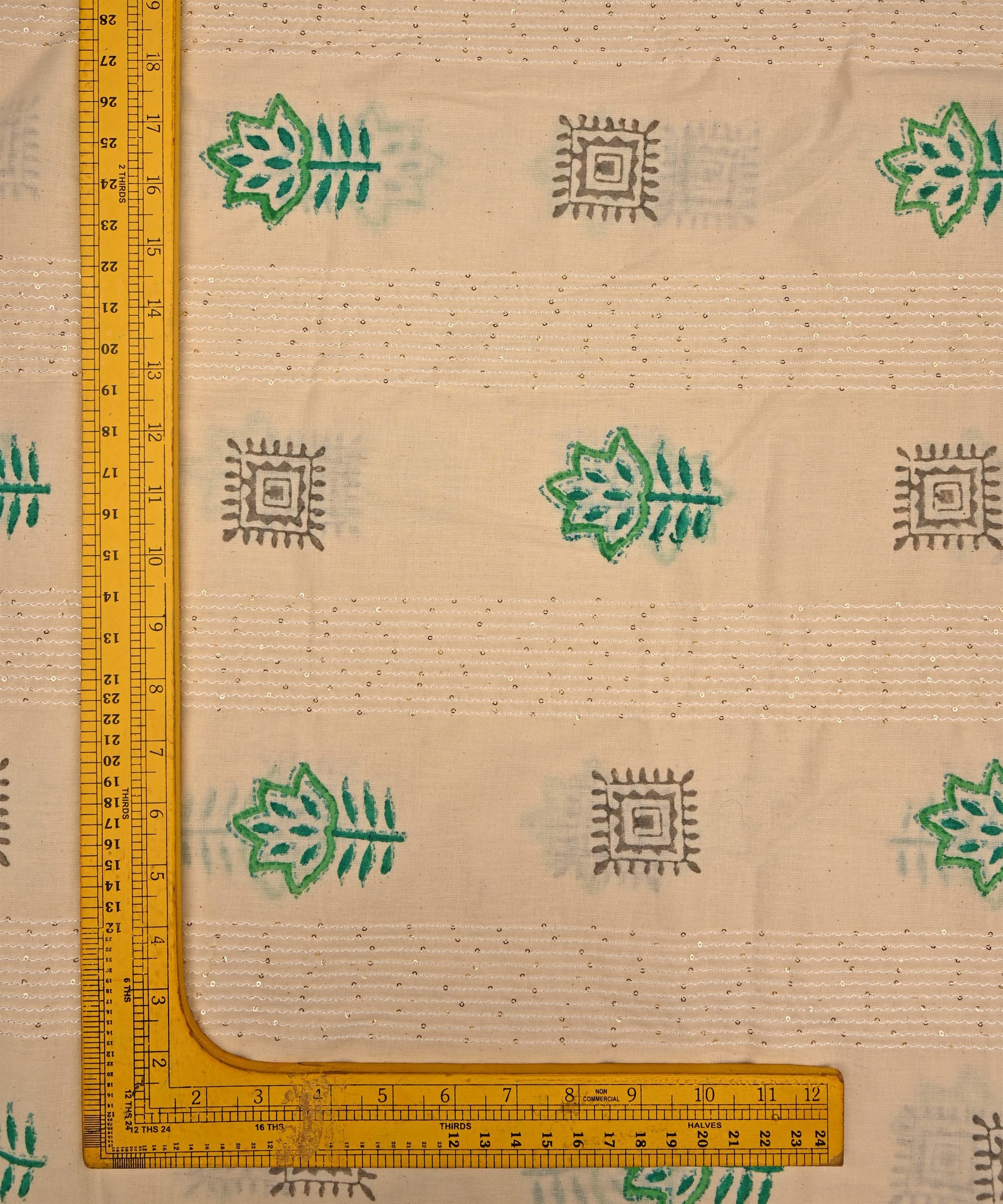 Emroidered Green batik Handblock printed Mal Cotton fabric with mirror work
