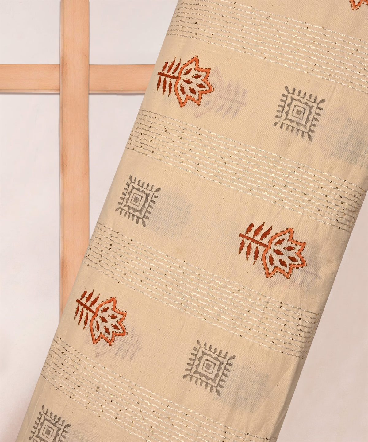 Emroidered Rust batik Handblock printed Mal Cotton fabric with mirror work