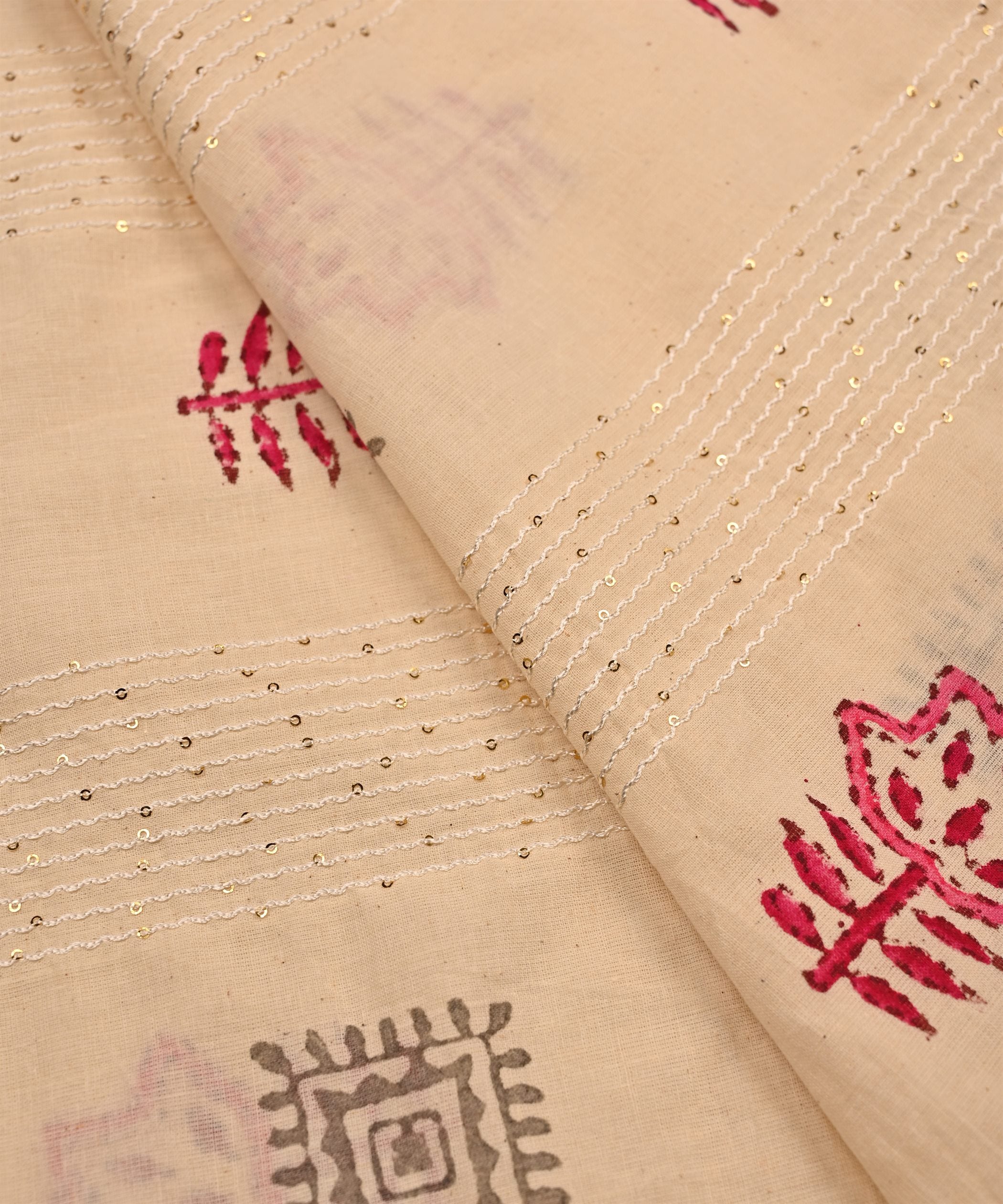 Emroidered Pink batik Handblock printed Mal Cotton fabric with mirror work