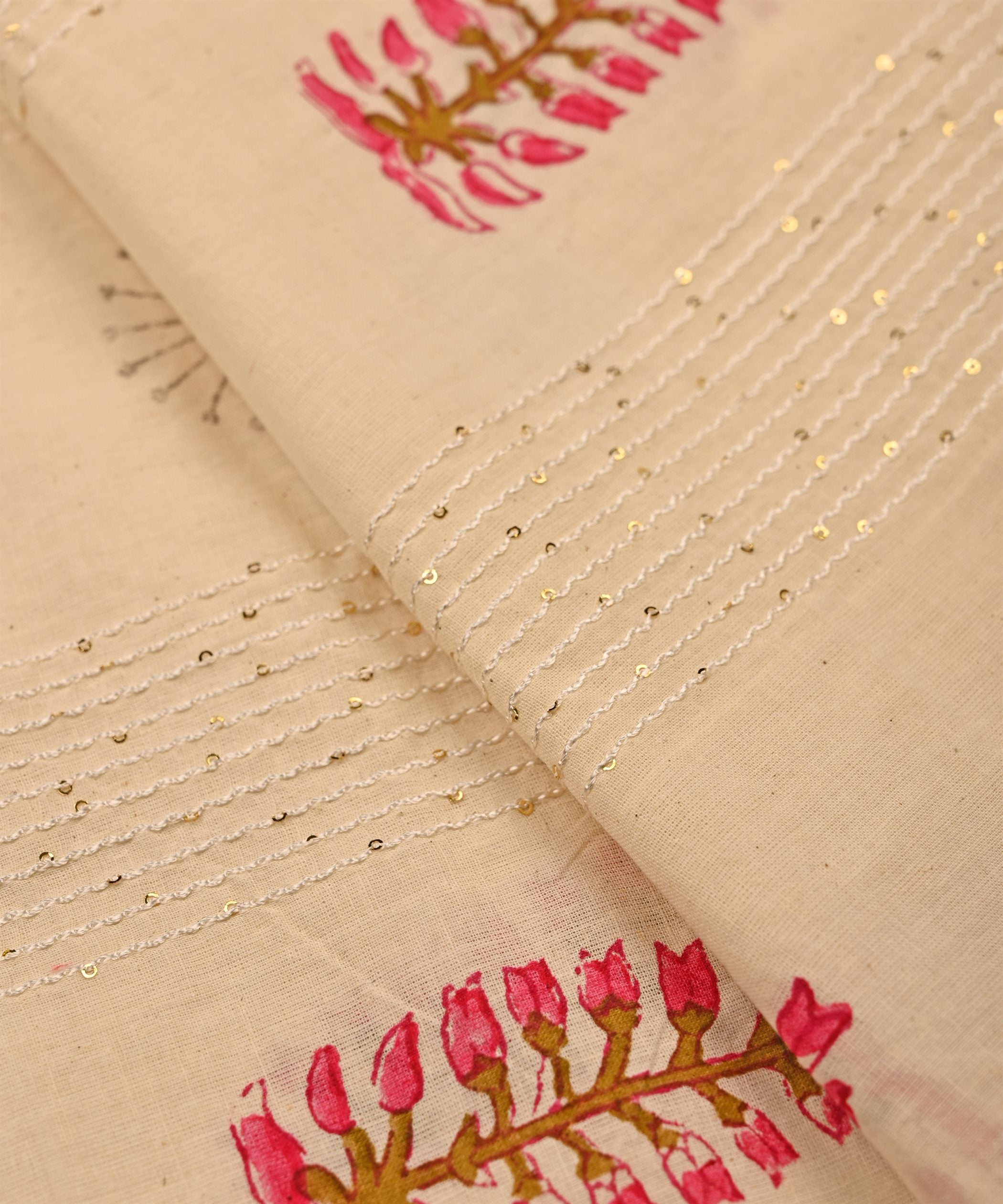 Emroidered Pink batik Handblock printed Mal Cotton fabric with mirror work