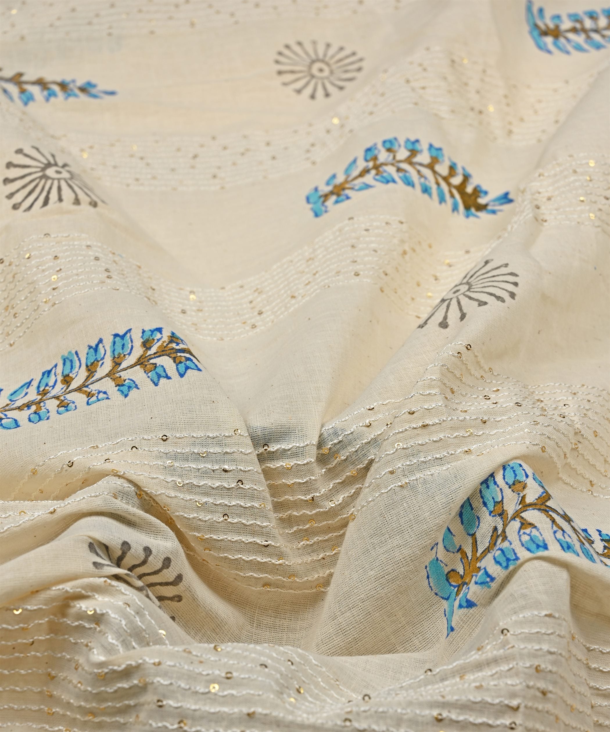 Embroidered blue batik Handblock printed Mal Cotton fabric with mirror work
