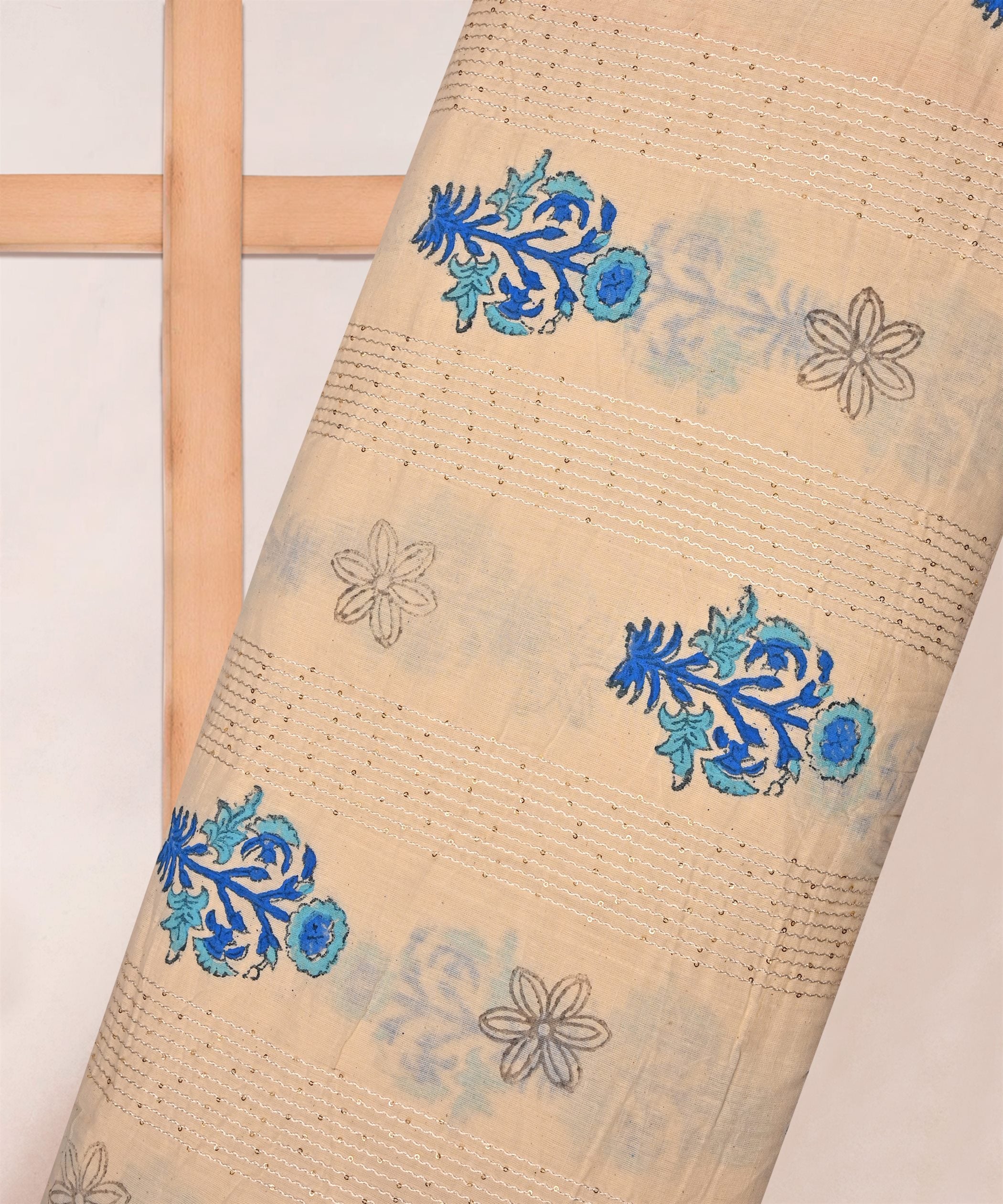 Embroidered blue batik Handblock printed Mal Cotton fabric with mirror work