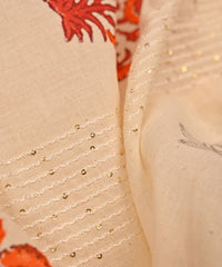 Embroidered Red batik Handblock printed Mal Cotton fabric with mirror work