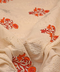 Embroidered Red batik Handblock printed Mal Cotton fabric with mirror work