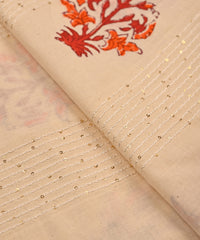 Embroidered Red batik Handblock printed Mal Cotton fabric with mirror work