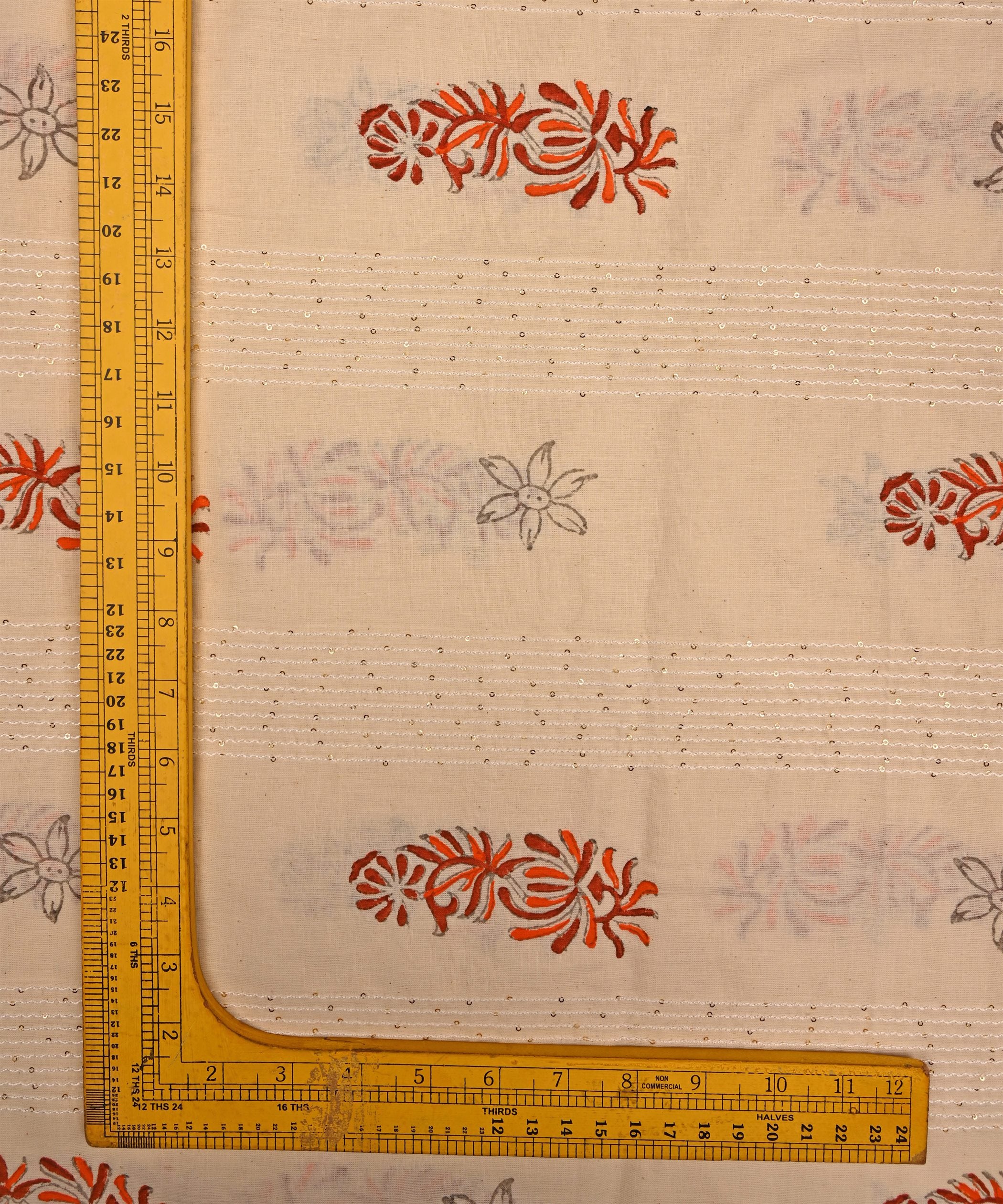 Embroidered Red batik Handblock printed Mal Cotton fabric with mirror work