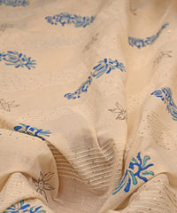 Embroidered blue batik Handblock printed Mal Cotton fabric with mirror work
