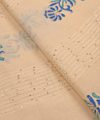 Embroidered blue batik Handblock printed Mal Cotton fabric with mirror work