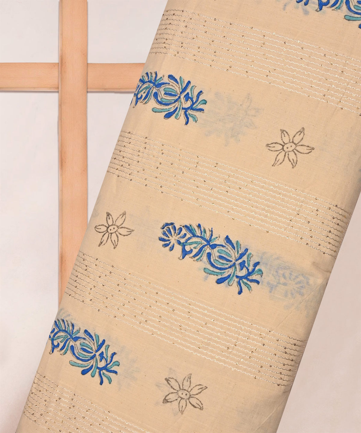 Embroidered blue batik Handblock printed Mal Cotton fabric with mirror work