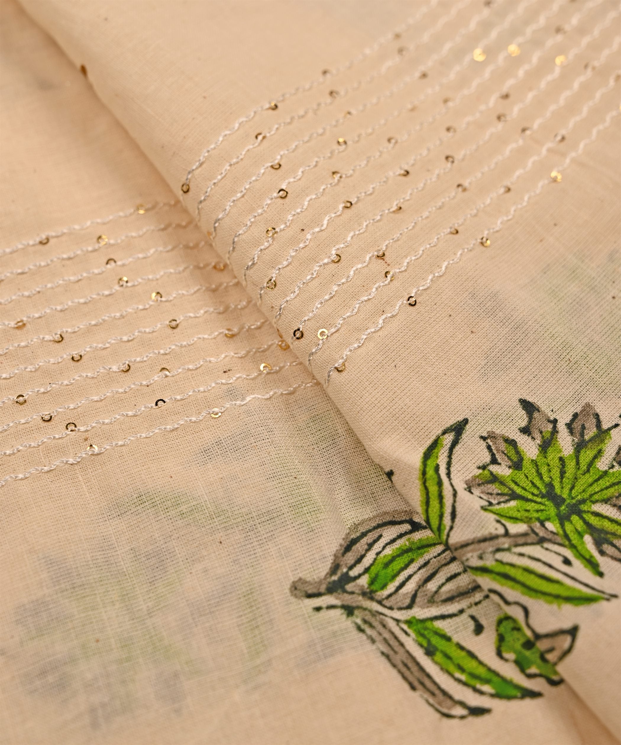Embroidered Green batik Handblock printed Mal Cotton fabric with mirror work