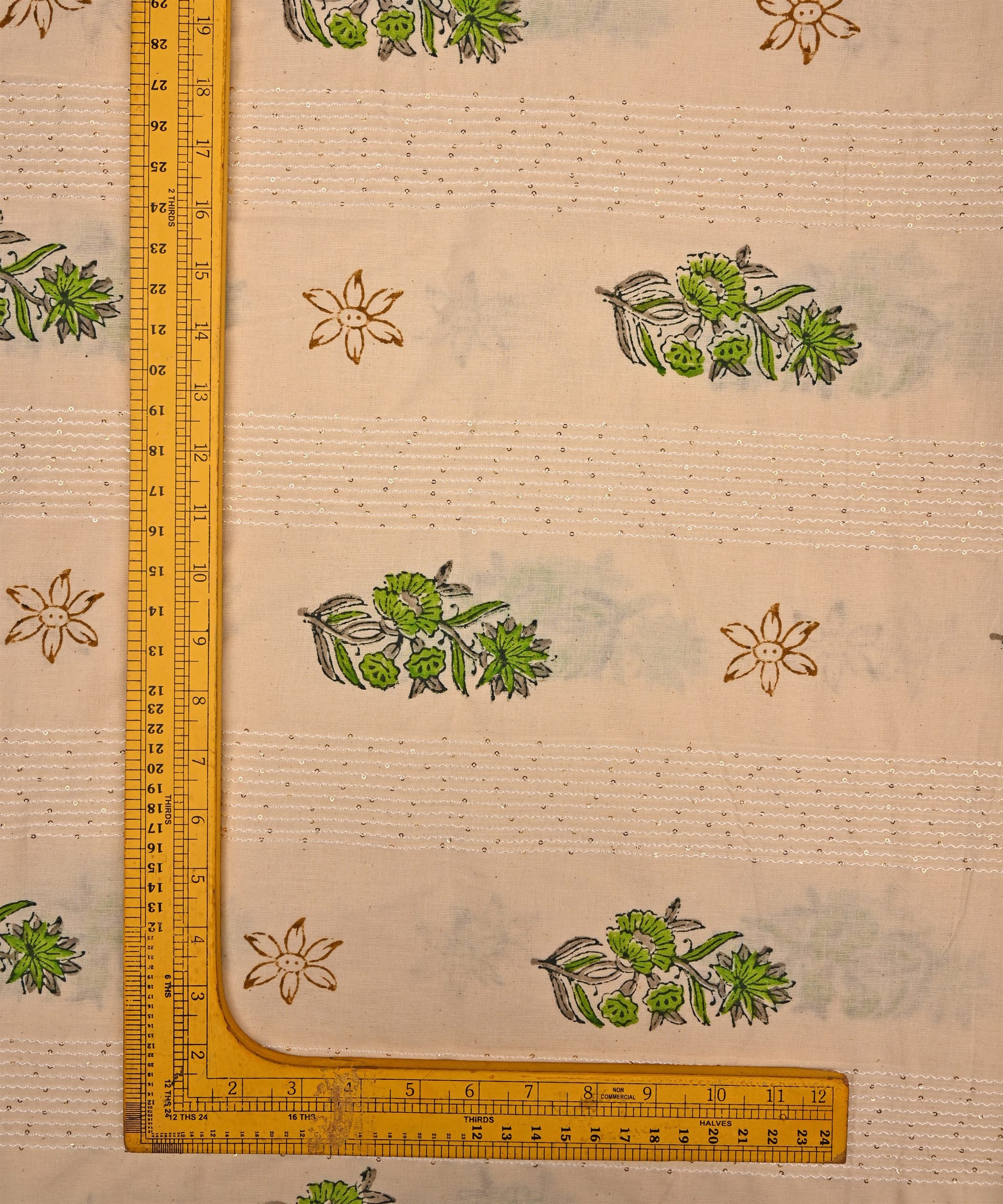 Embroidered Green batik Handblock printed Mal Cotton fabric with mirror work