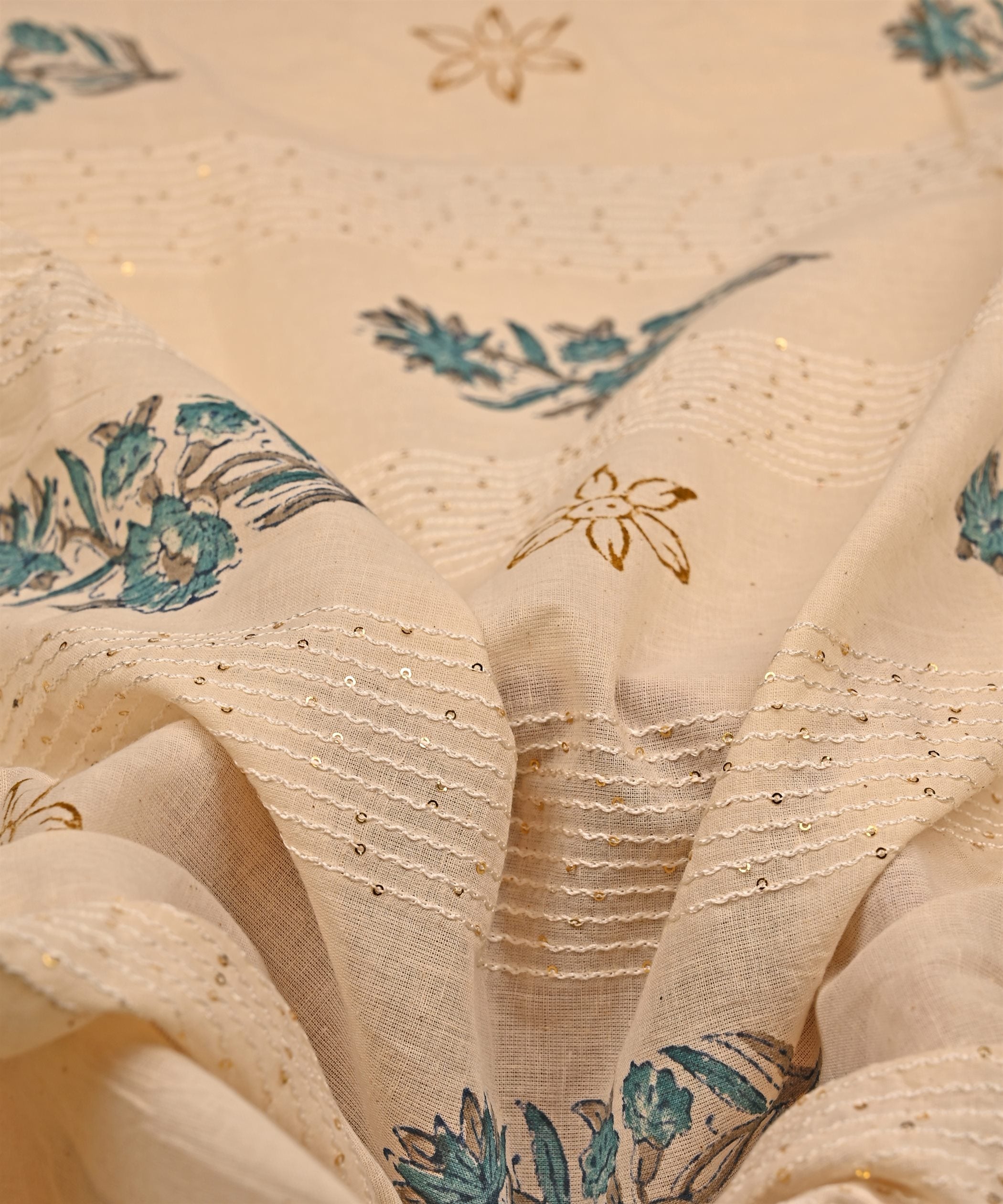 Embroidered Navy blue batik Handblock printed Mal Cotton fabric with mirror work
