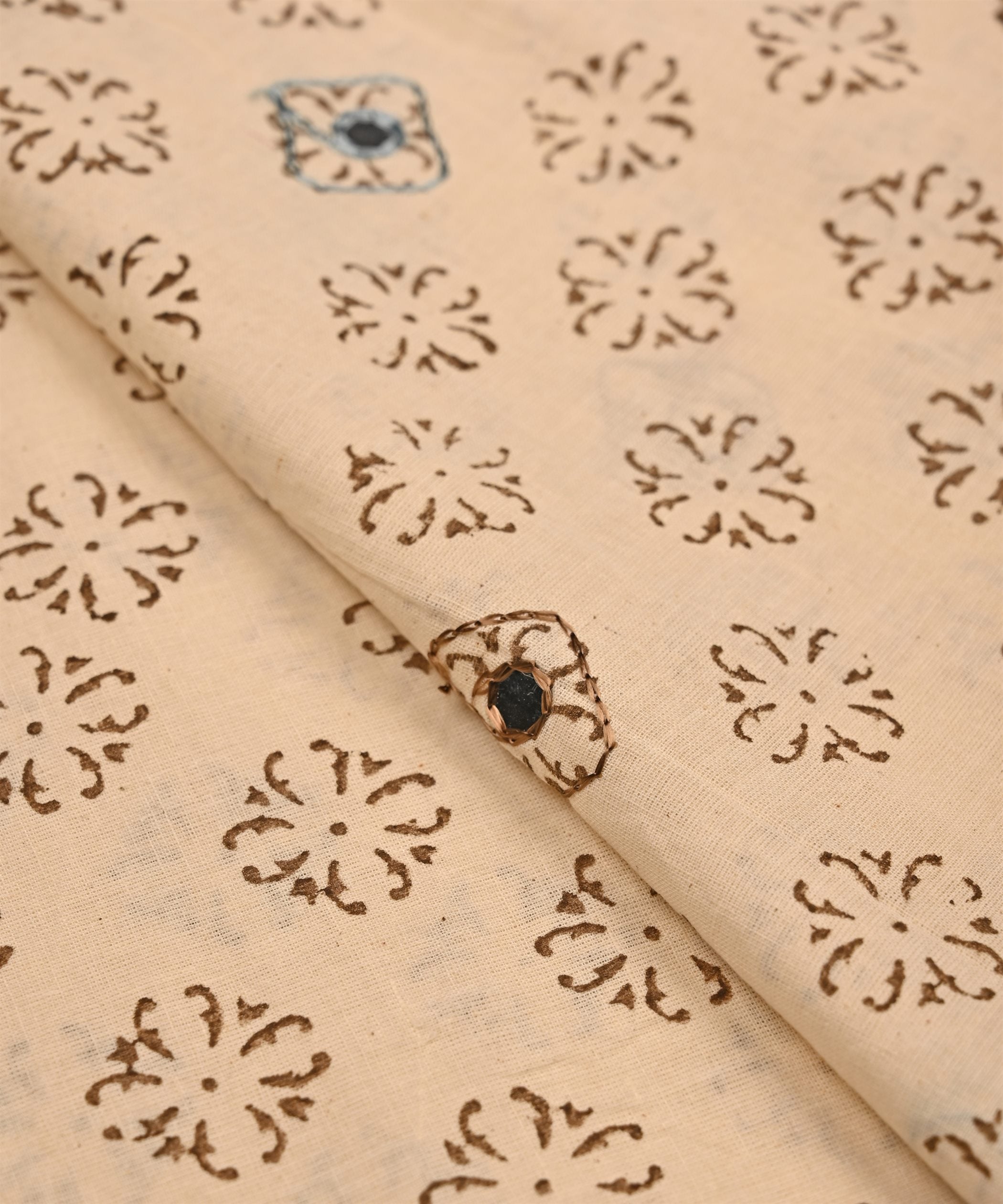 Olive green batik Handblock printed Mal Cotton fabric with mirror work
