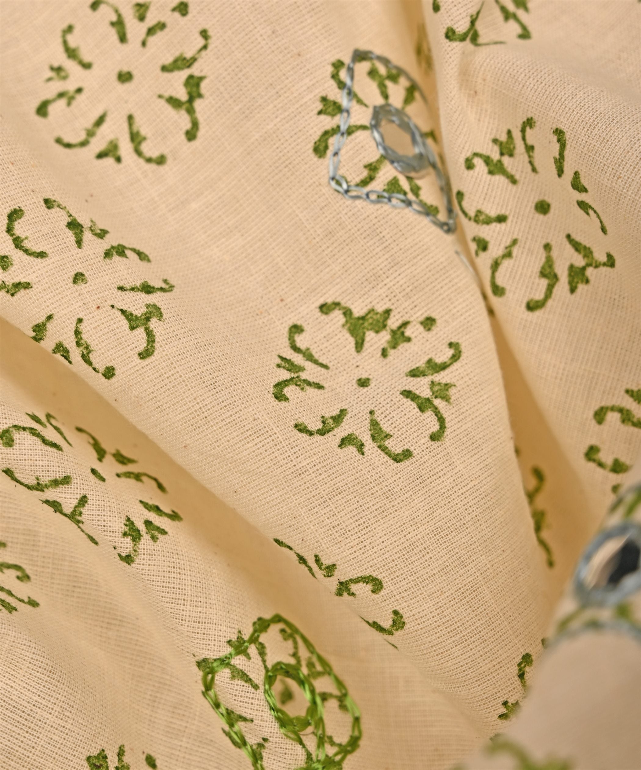 Green batik Handblock printed Mal Cotton fabric with mirror work