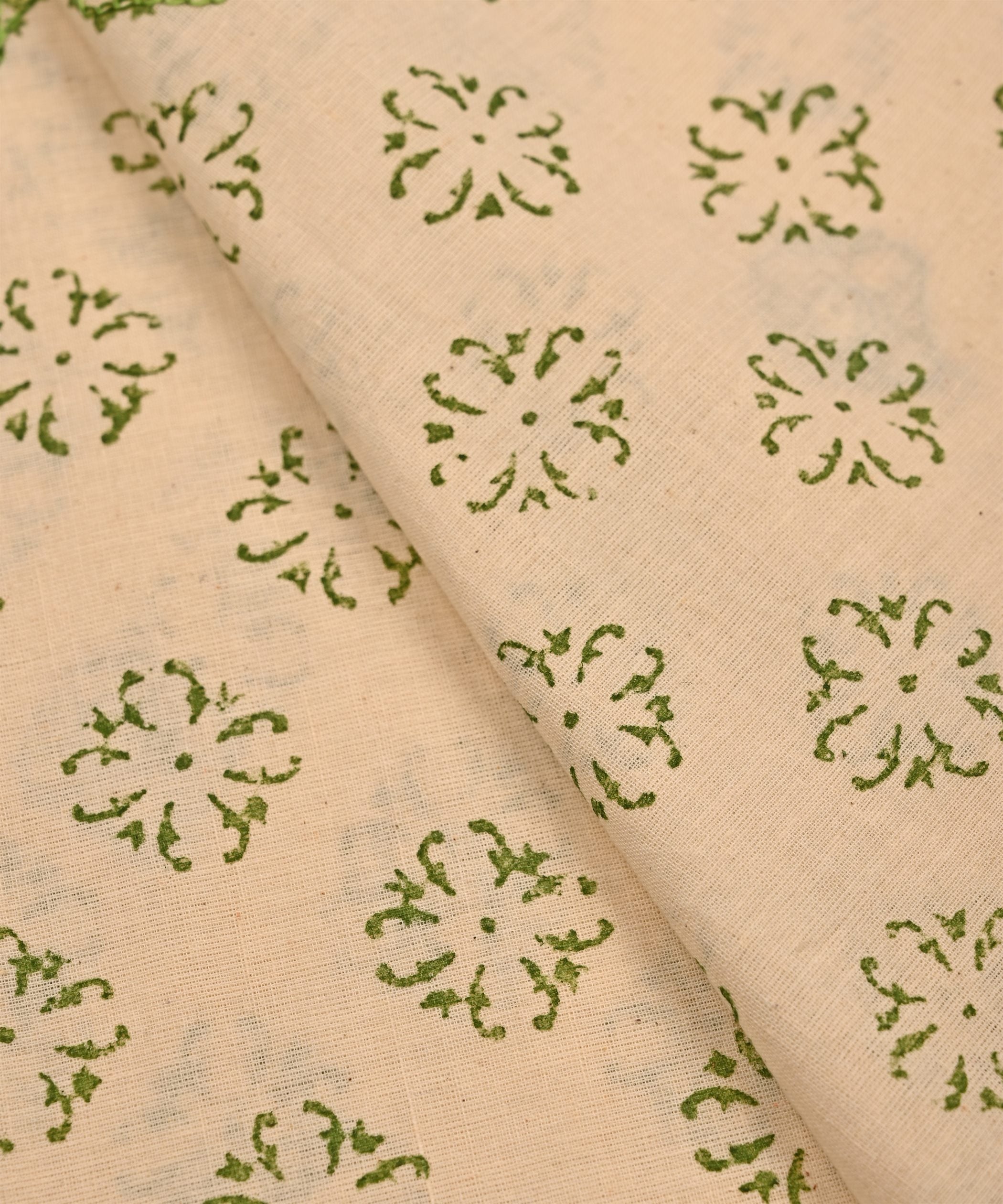 Green batik Handblock printed Mal Cotton fabric with mirror work