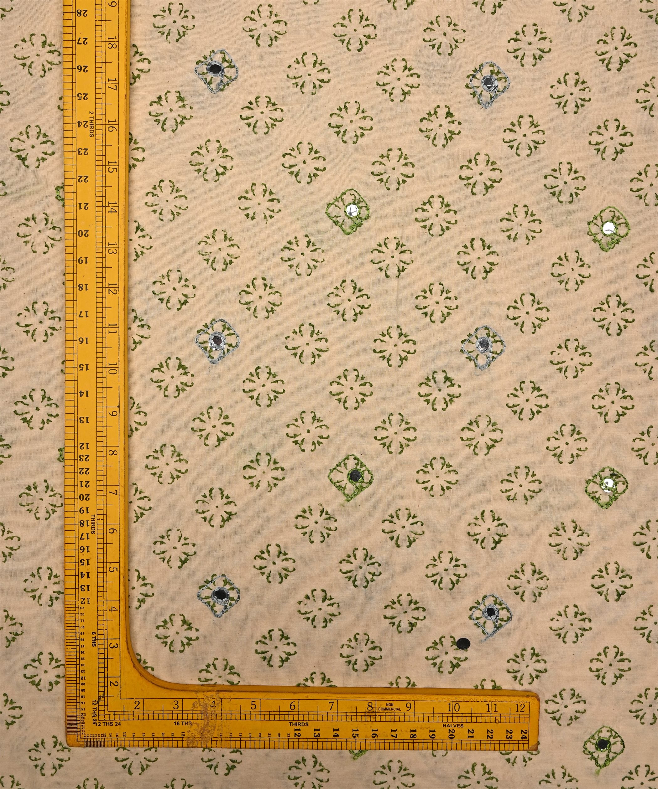 Green batik Handblock printed Mal Cotton fabric with mirror work