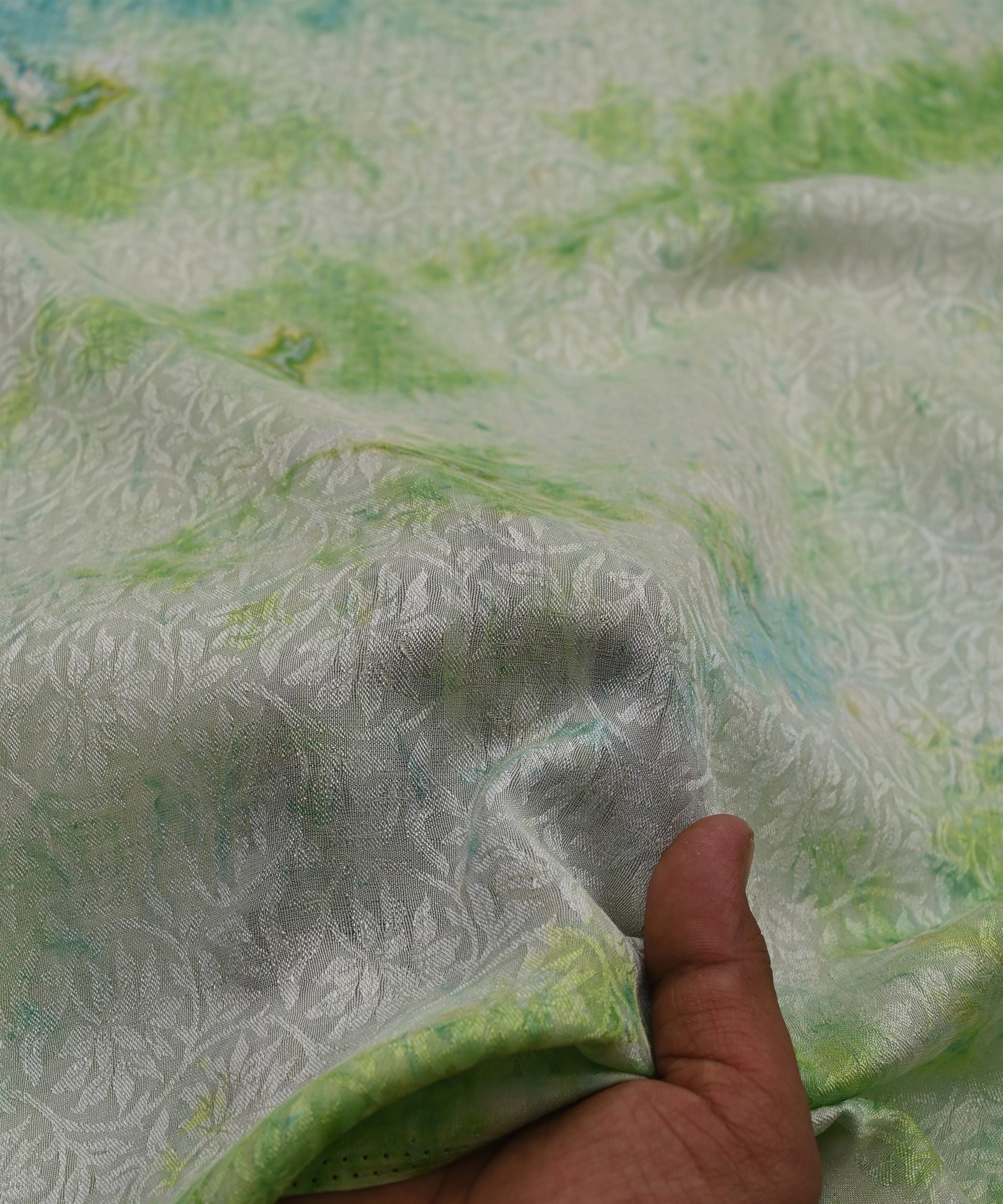 Green Textured silk Fabric with Spray Print