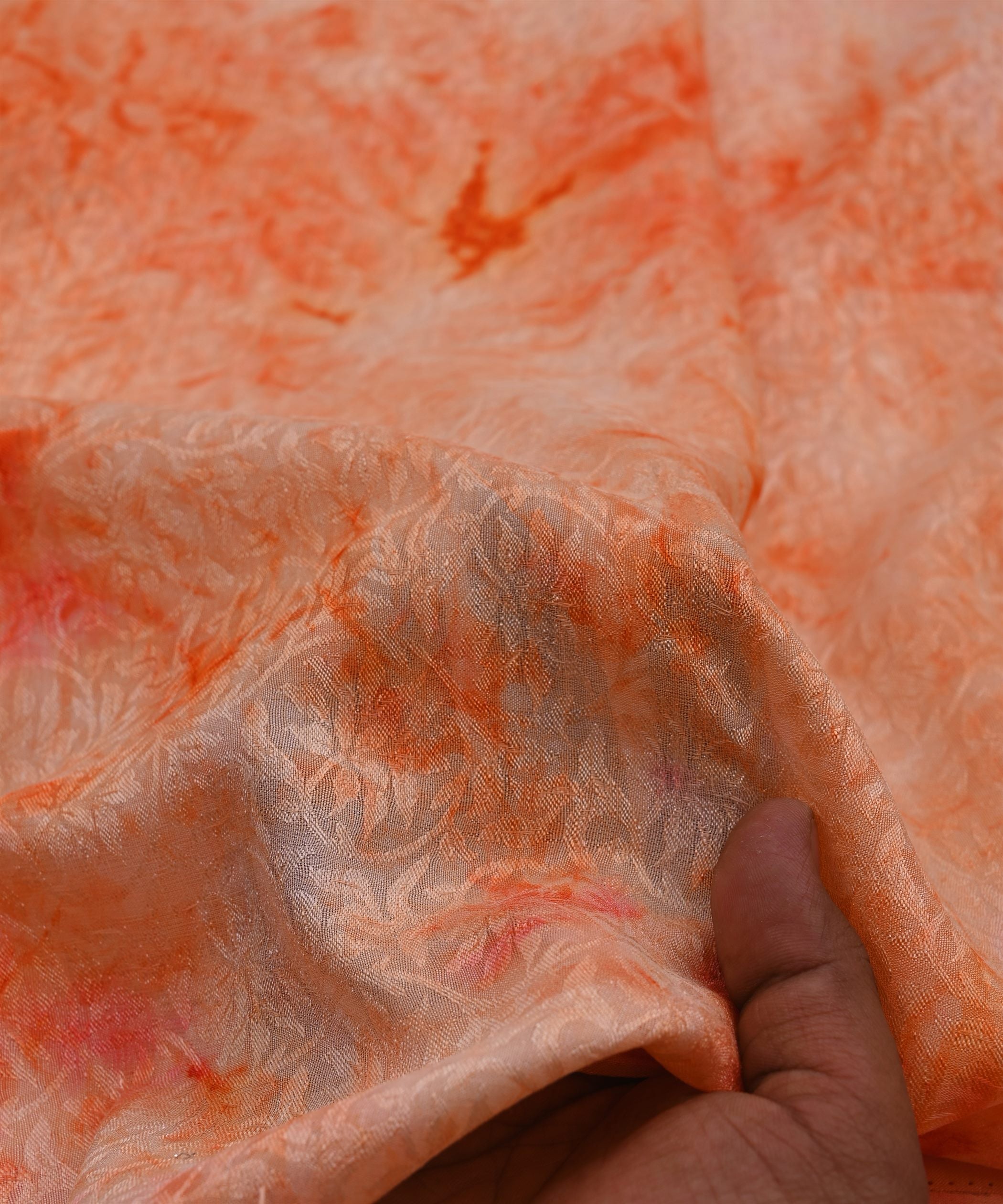 Orange Textured silk Fabric with Spray Print