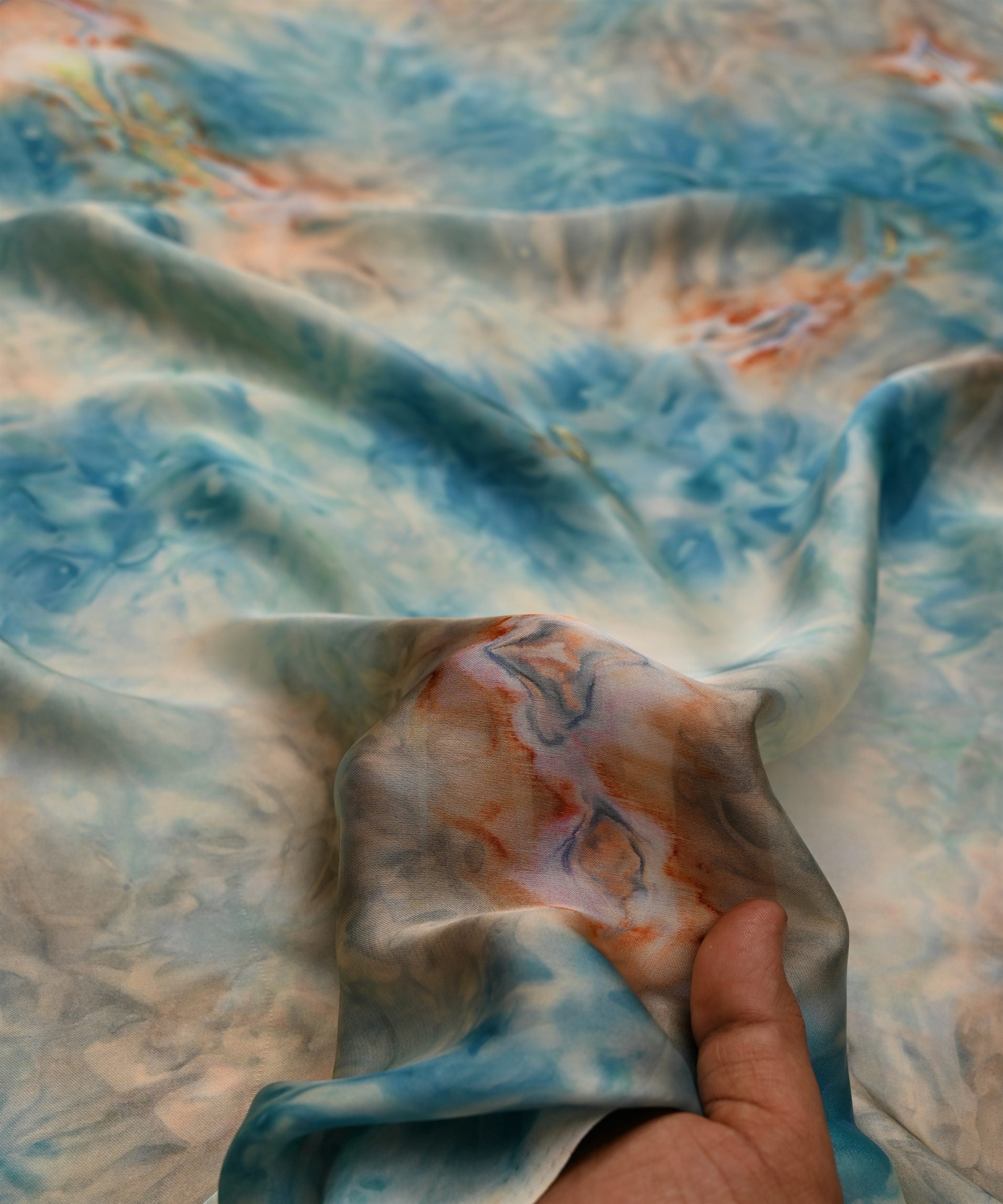 Teal Satin Fabric with Colored Tie And Dye