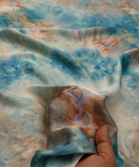 Teal Satin Fabric with Colored Tie And Dye