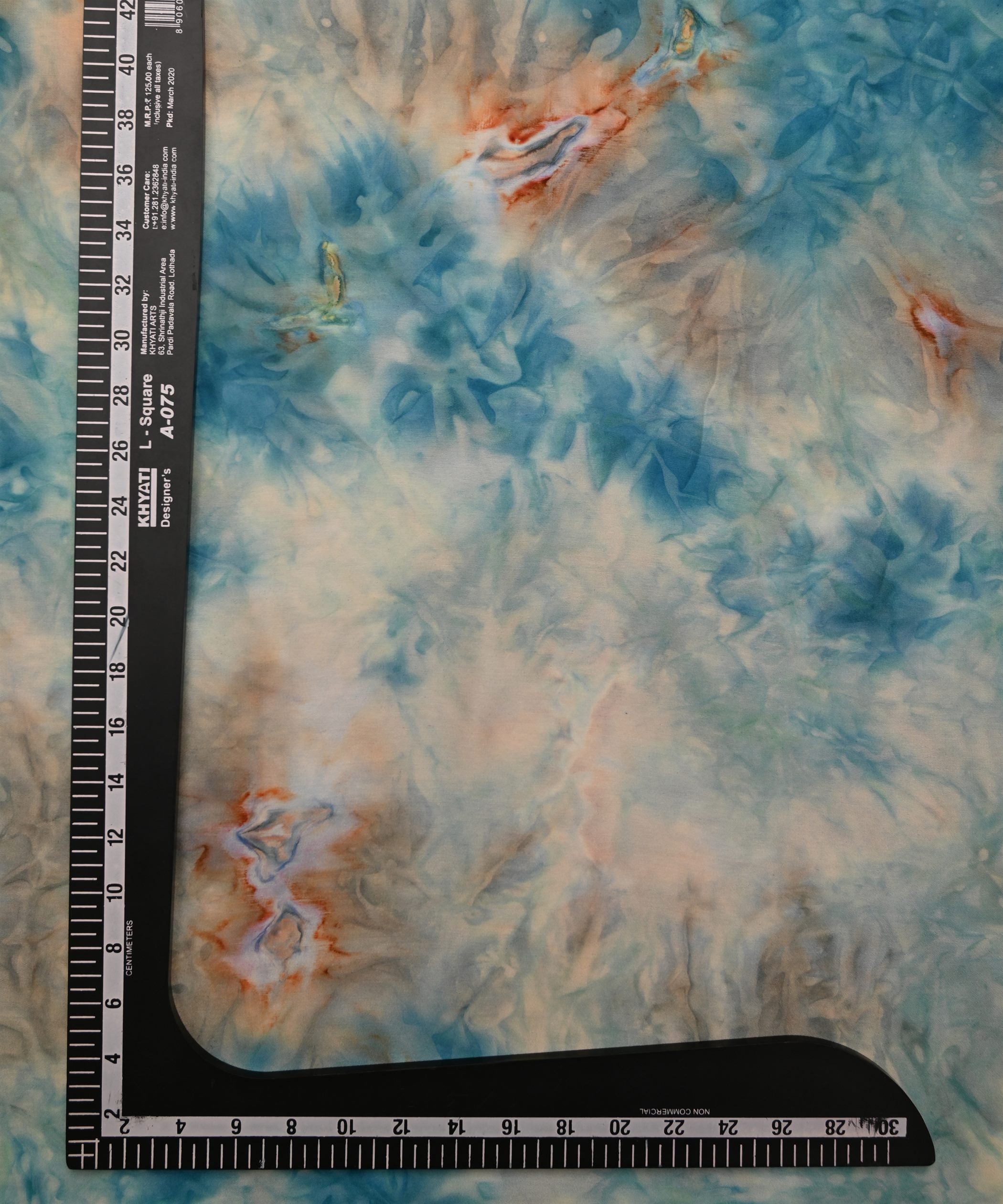 Teal Satin Fabric with Colored Tie And Dye