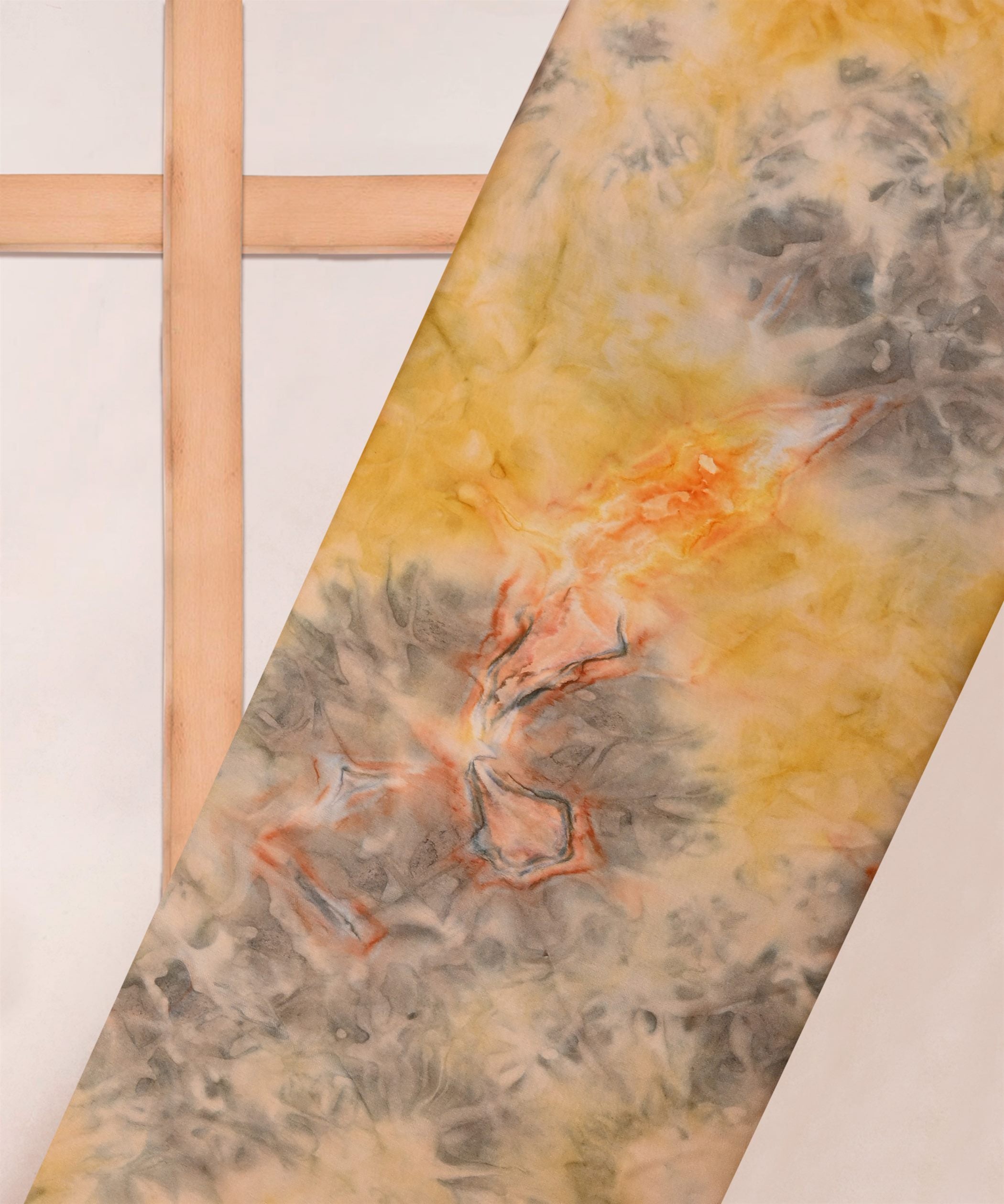 Yellow Satin Fabric with Colored Tie And Dye