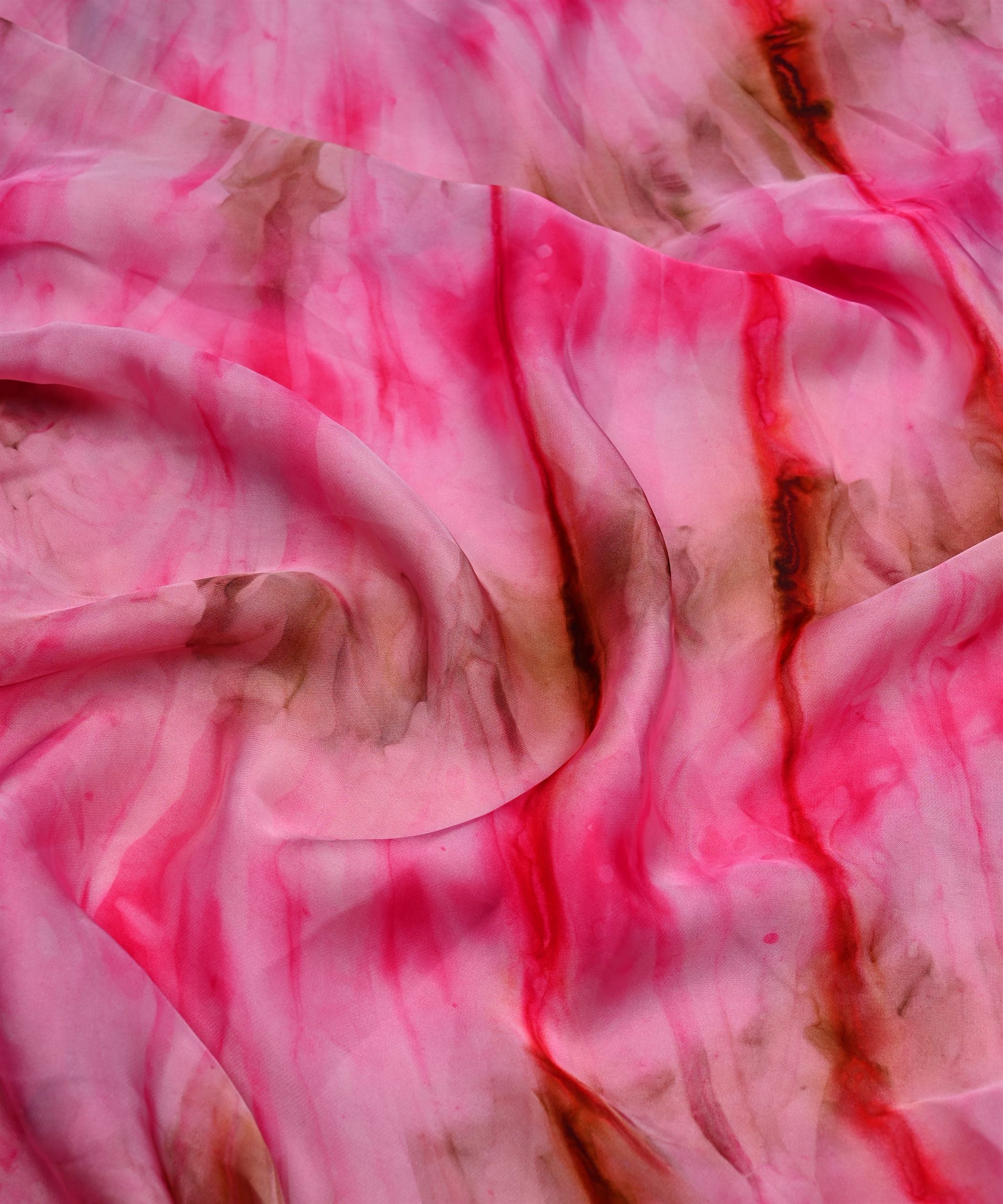 Pink & Brown Satin Fabric with Tie and Dye