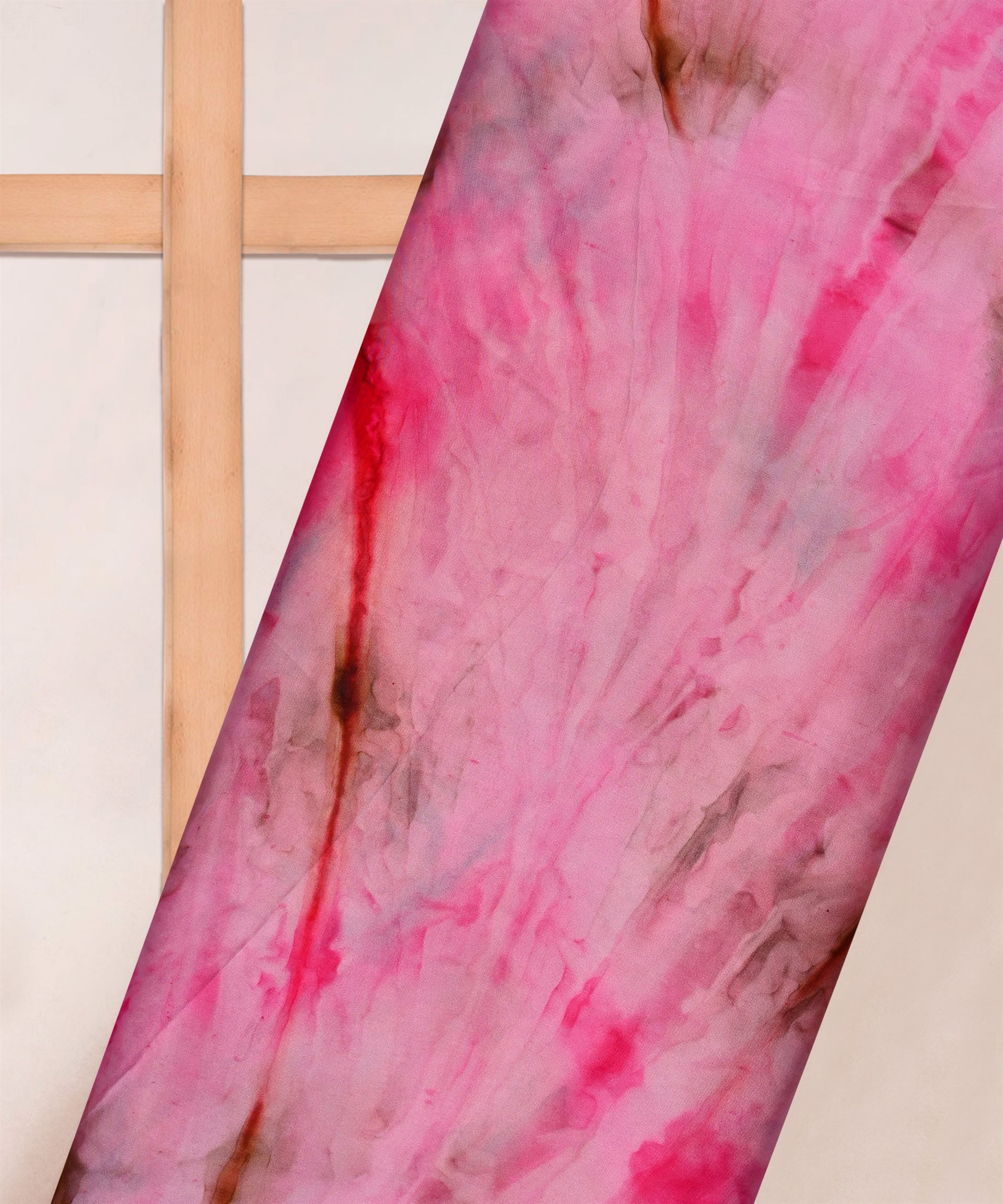 Pink & Brown Satin Fabric with Tie and Dye