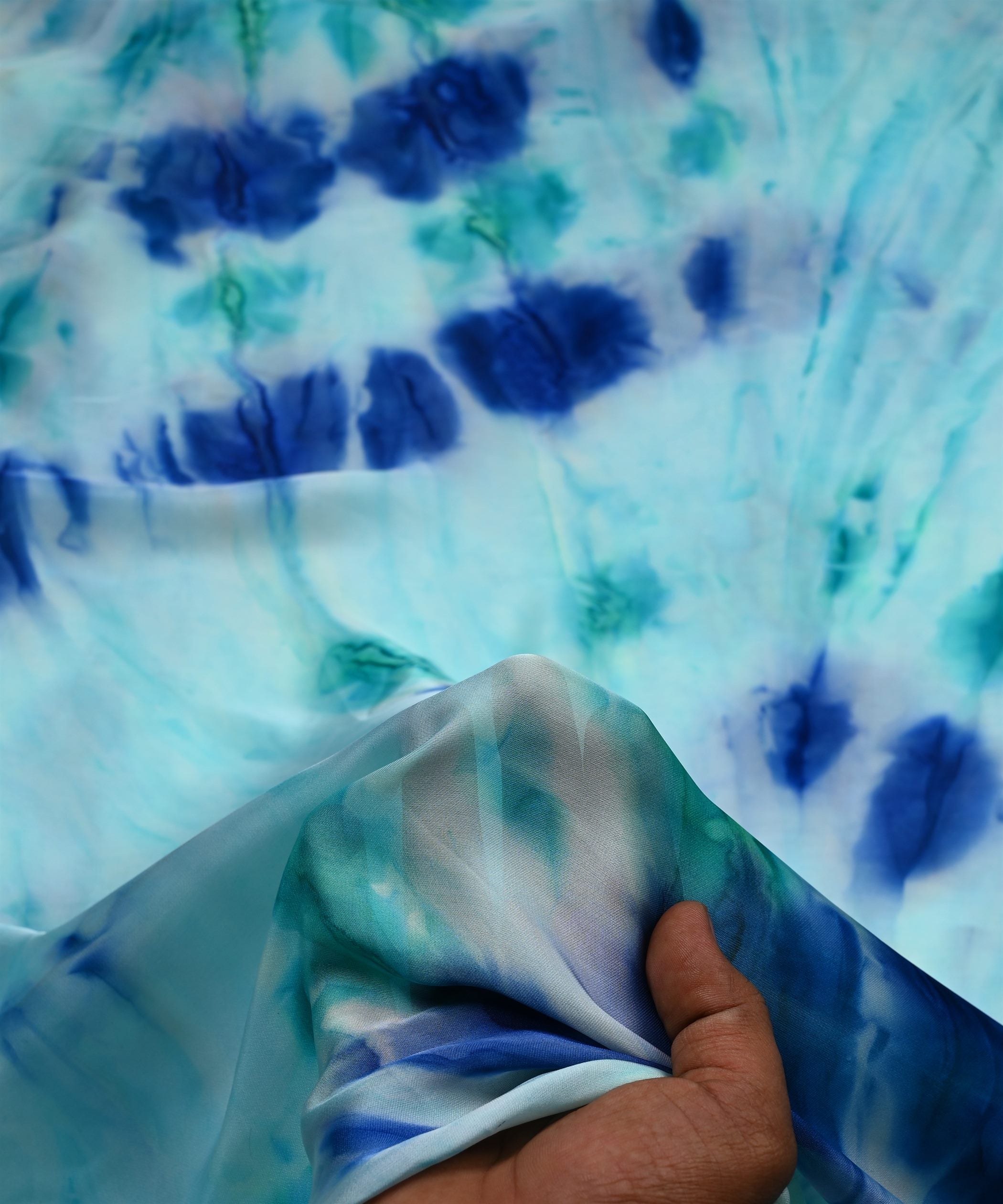Sky Blue & Navy Blue Satin Fabric with Tie and Dye
