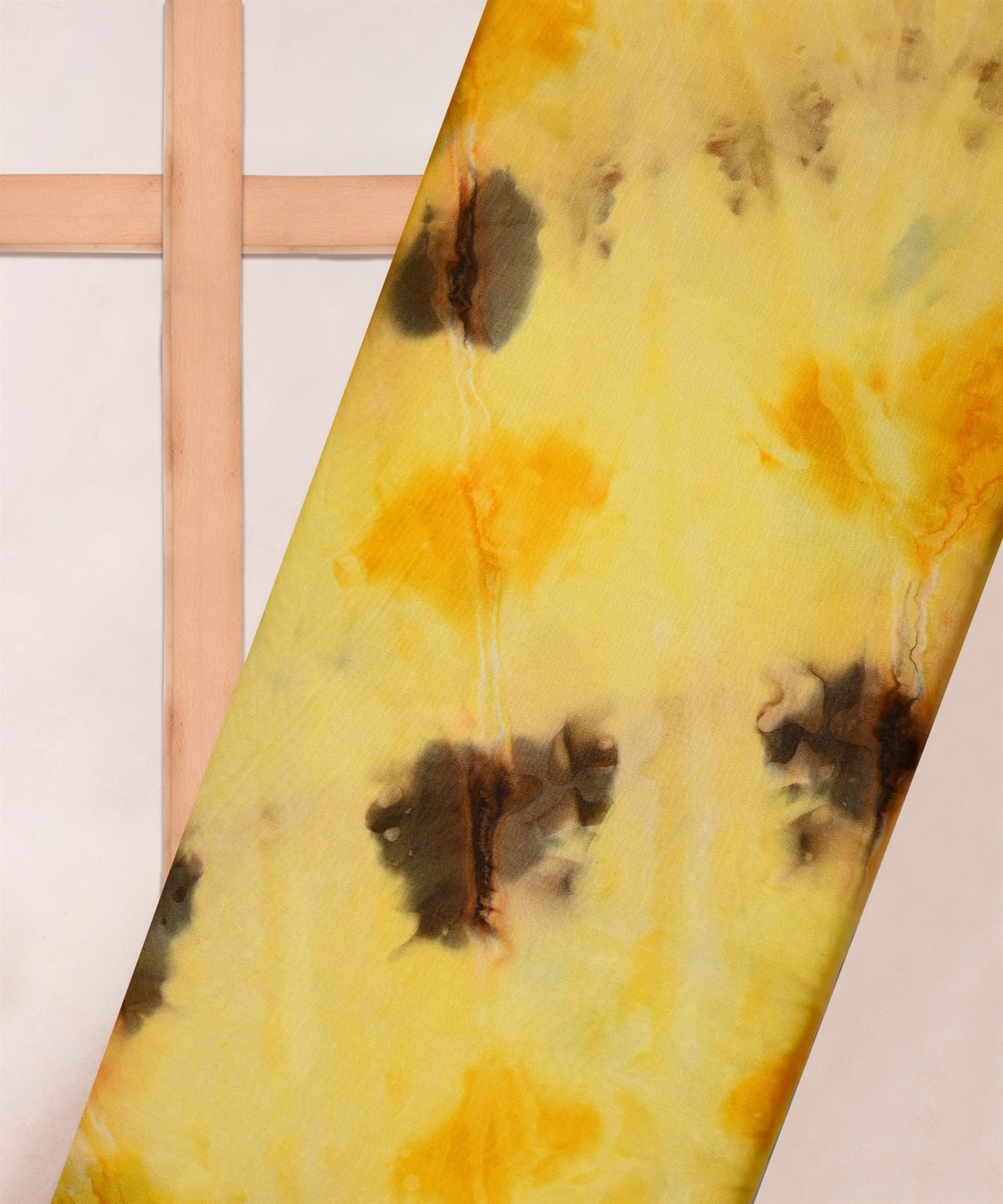 Yellow & Brown Satin Fabric with Tie and Dye