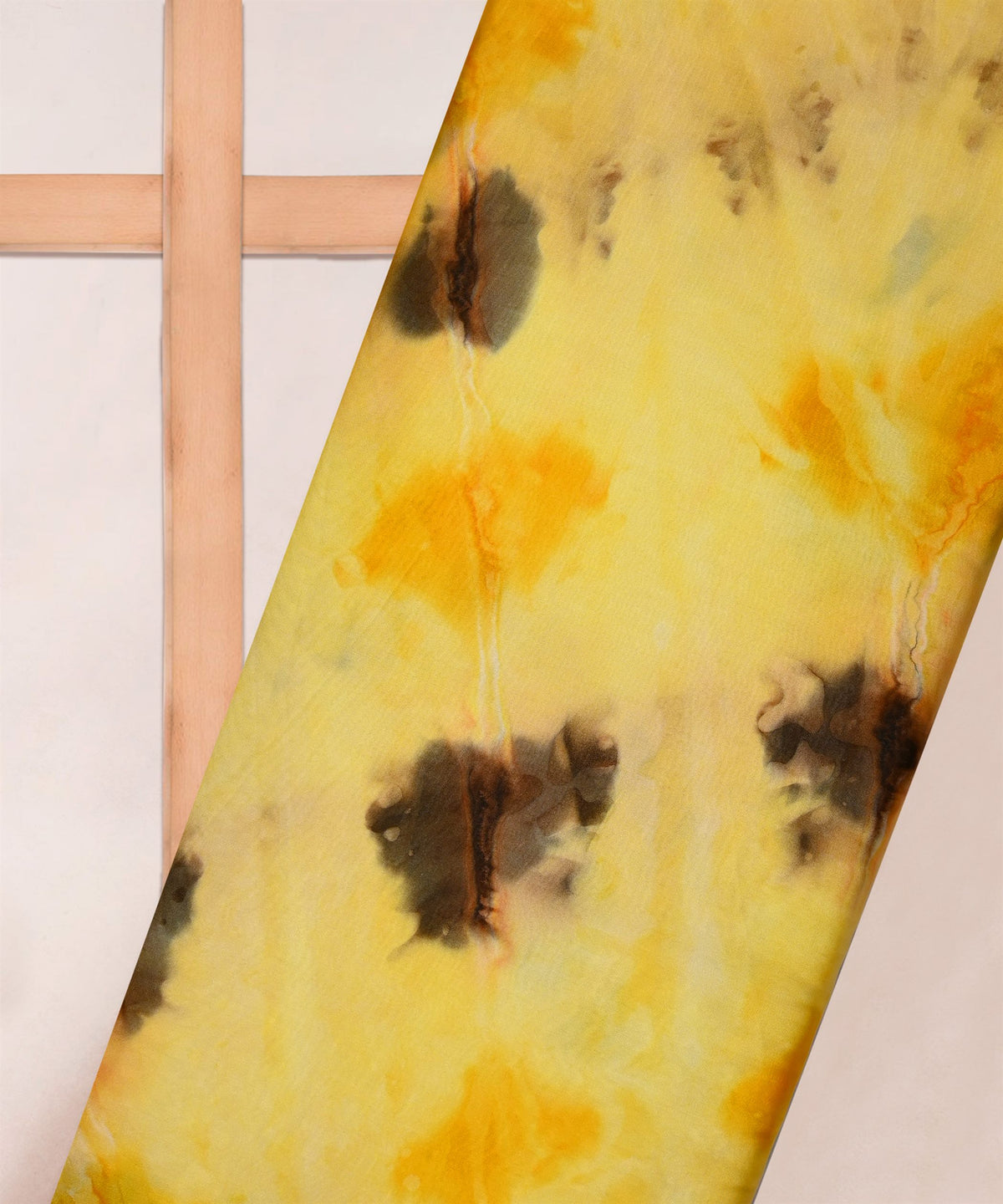 Yellow & Brown Satin Fabric with Tie and Dye