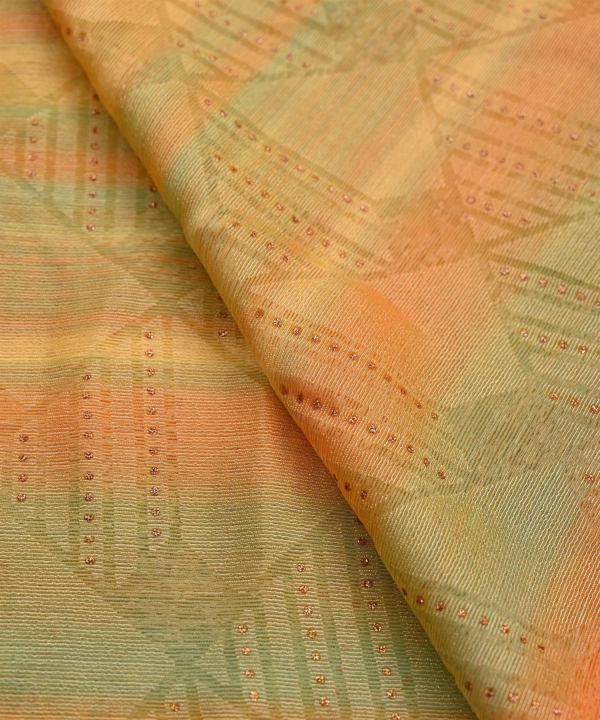 Orange Shaded Chiffon Fabric with Brasso and Glitter Dots