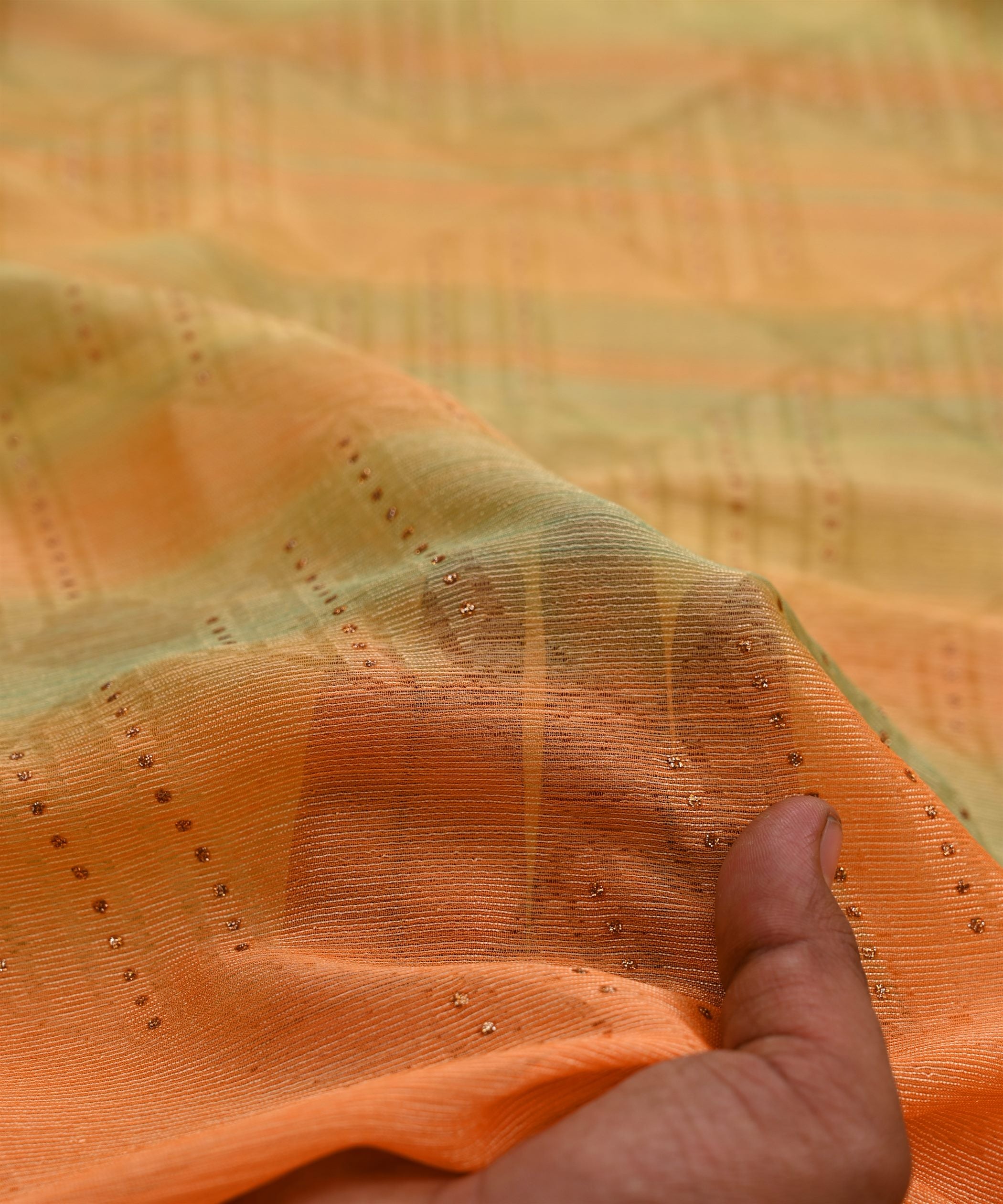 Orange Shaded Chiffon Fabric with Brasso and Glitter Dots