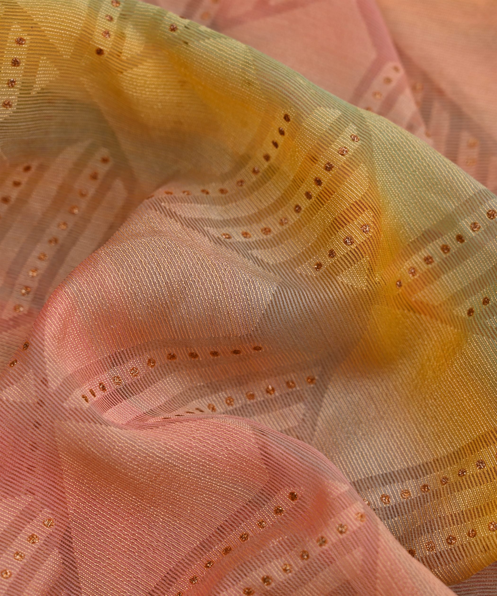 Yellow Shaded Chiffon Fabric with Brasso and Glitter Dots