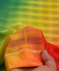 Yellow Spray Print Shaded Chiffon Fabric with Checks
