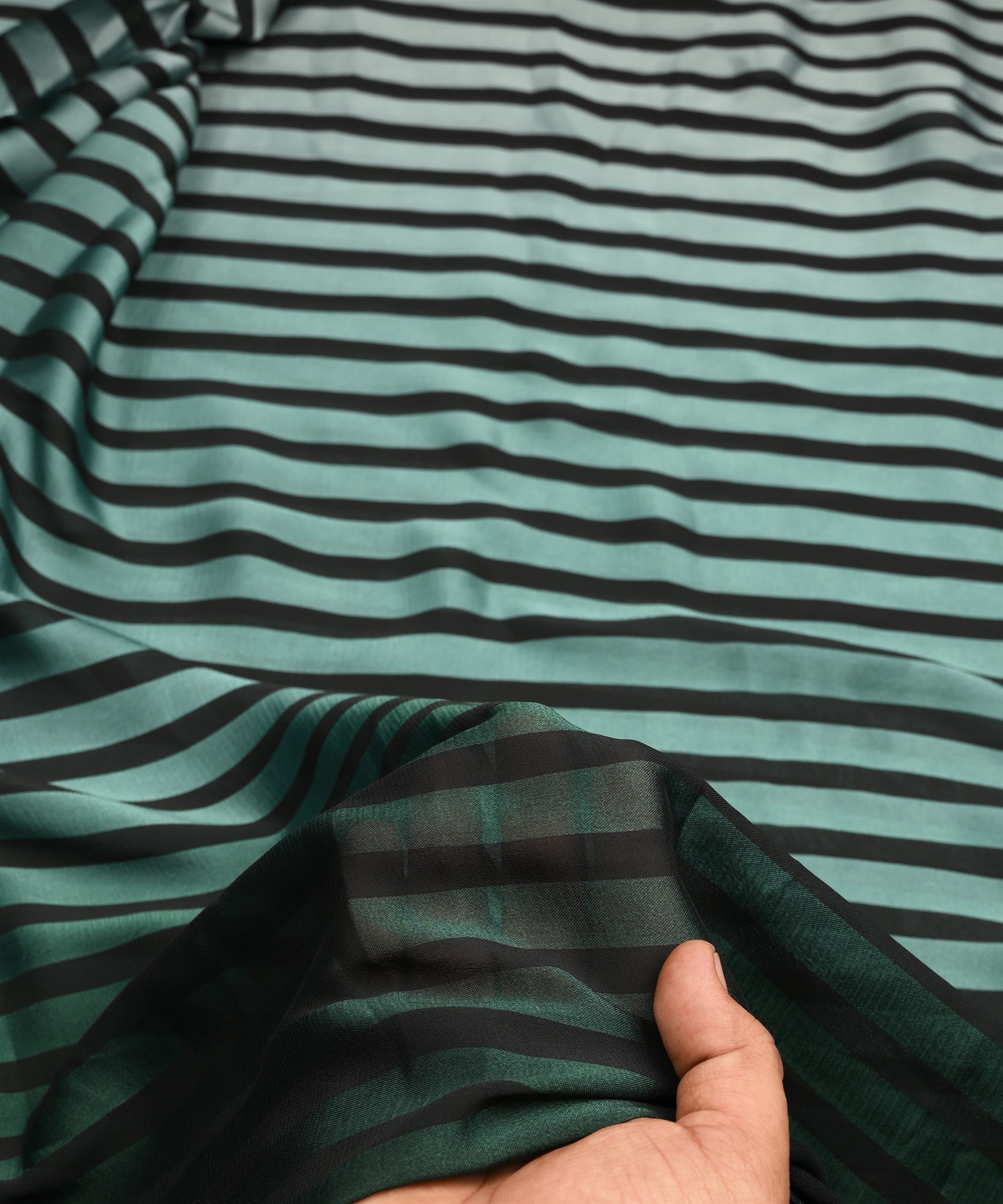 Bottle Green Shaded Chiffon Fabric with Stripes