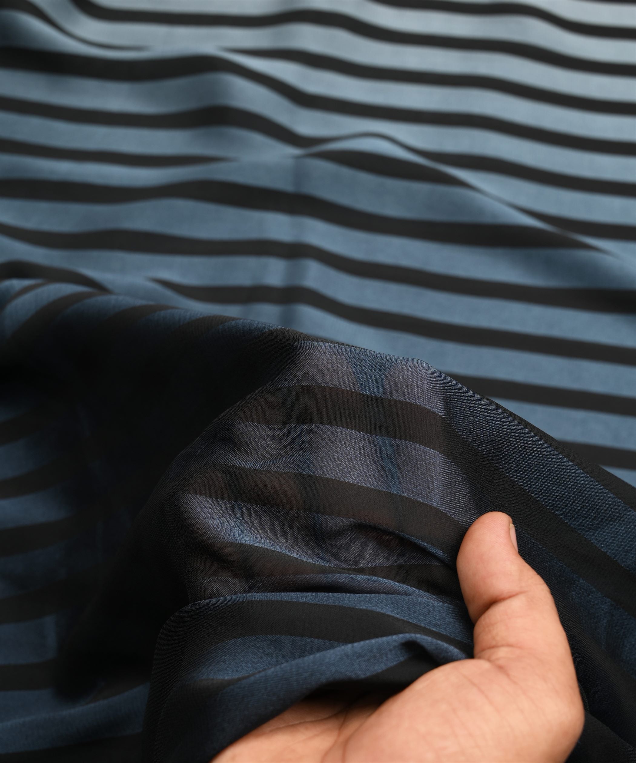 Navy Blue Shaded Chiffon Fabric with Stripes